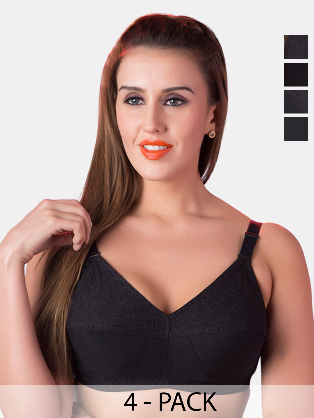 

Rajnie Pack Of 4 Self Design Non Padded Pure Cotton Minimizer Bra With All Day Comfort, Black