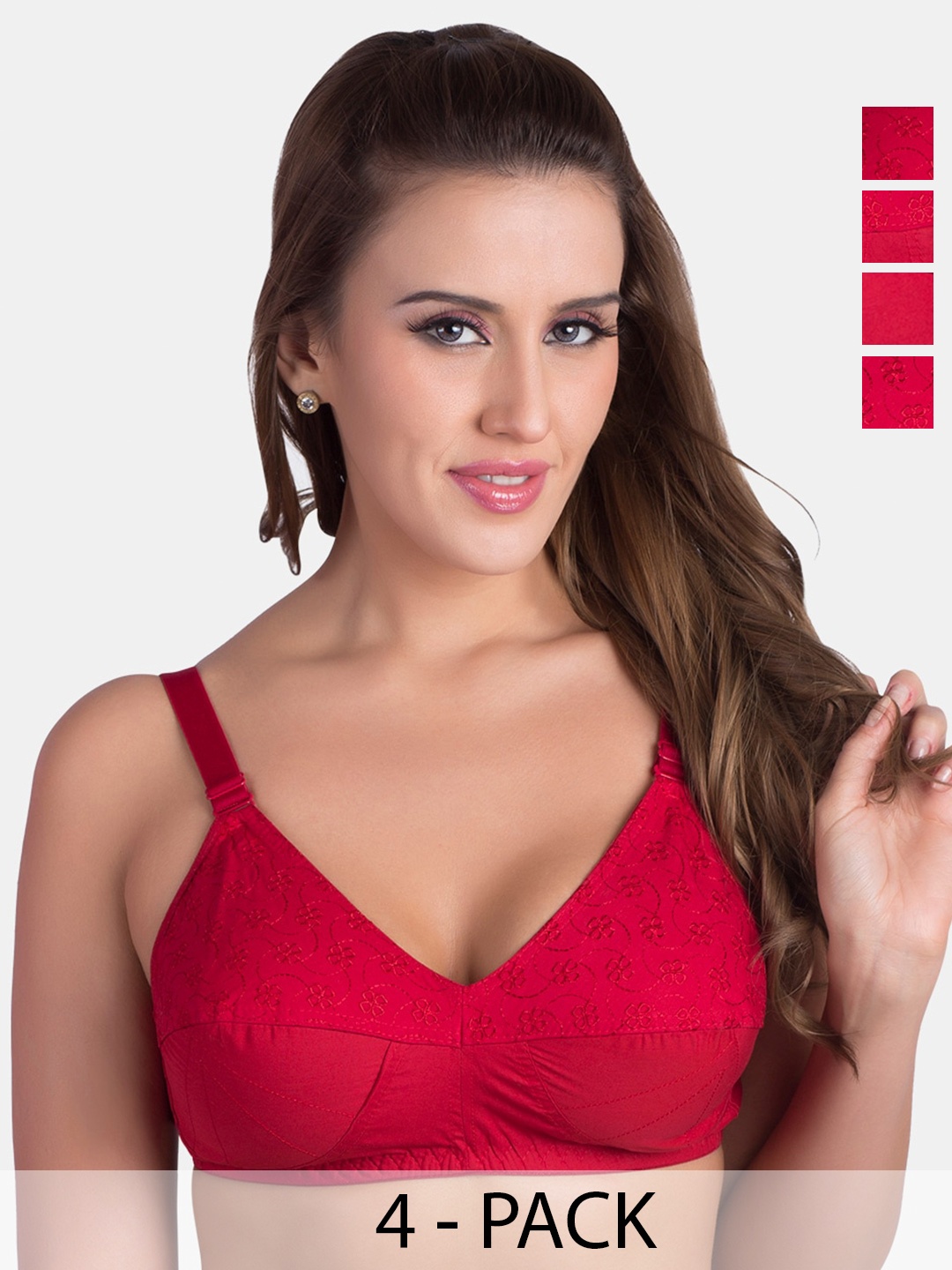 

Rajnie Pack Of 4 Self Design Non Padded Pure Cotton Minimizer Bra With All Day Comfort, Red