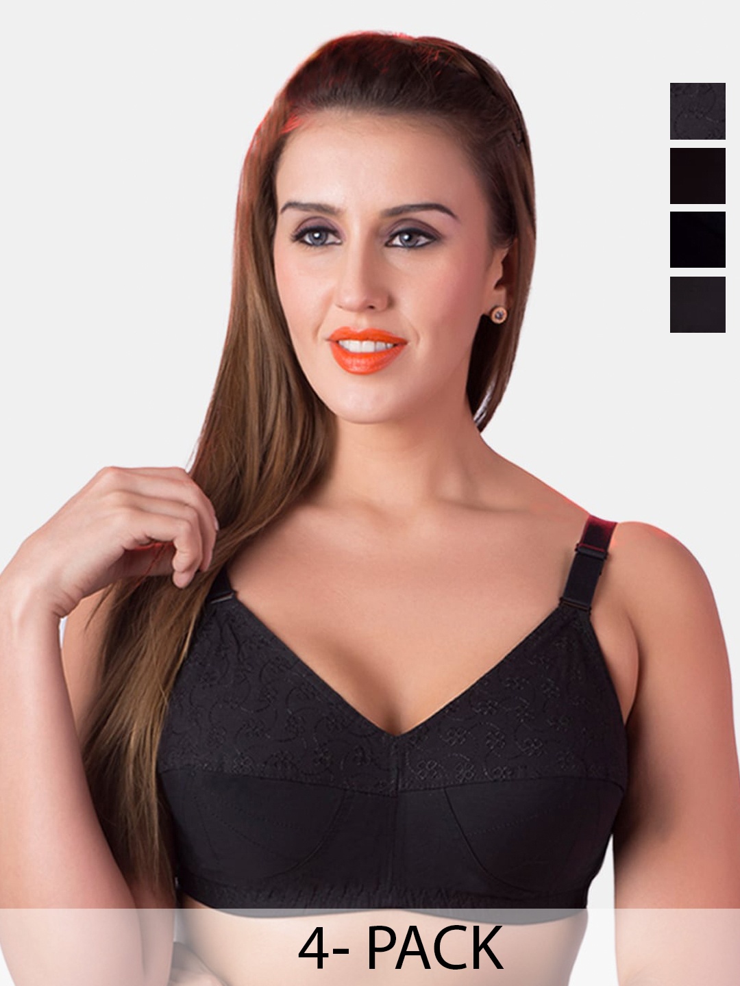 

Rajnie Pack Of 4 Full Coverage Cotton Bra, Black