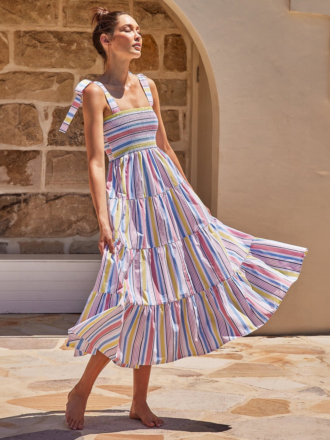 

Stylecast X KPOP Striped Square Neck Sleeveless Smocked Tiered Party A-Line Midi Dress, White