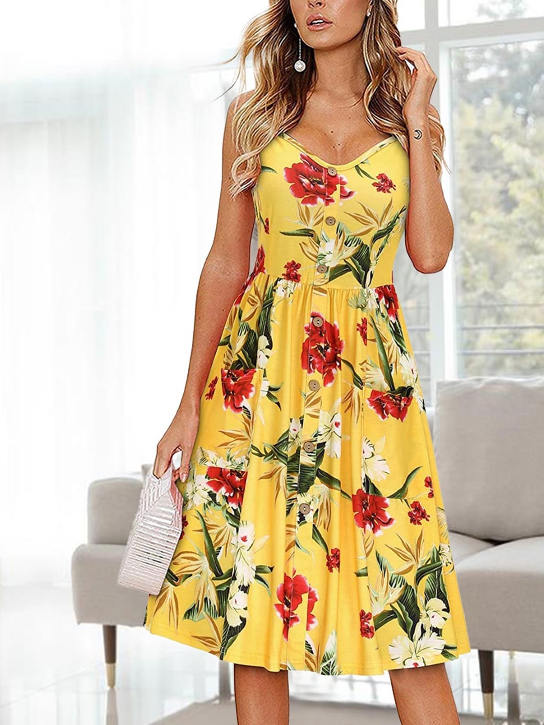 

Stylecast X KPOP Floral Printed Shoulder Straps Fit & Flare Dress, Yellow