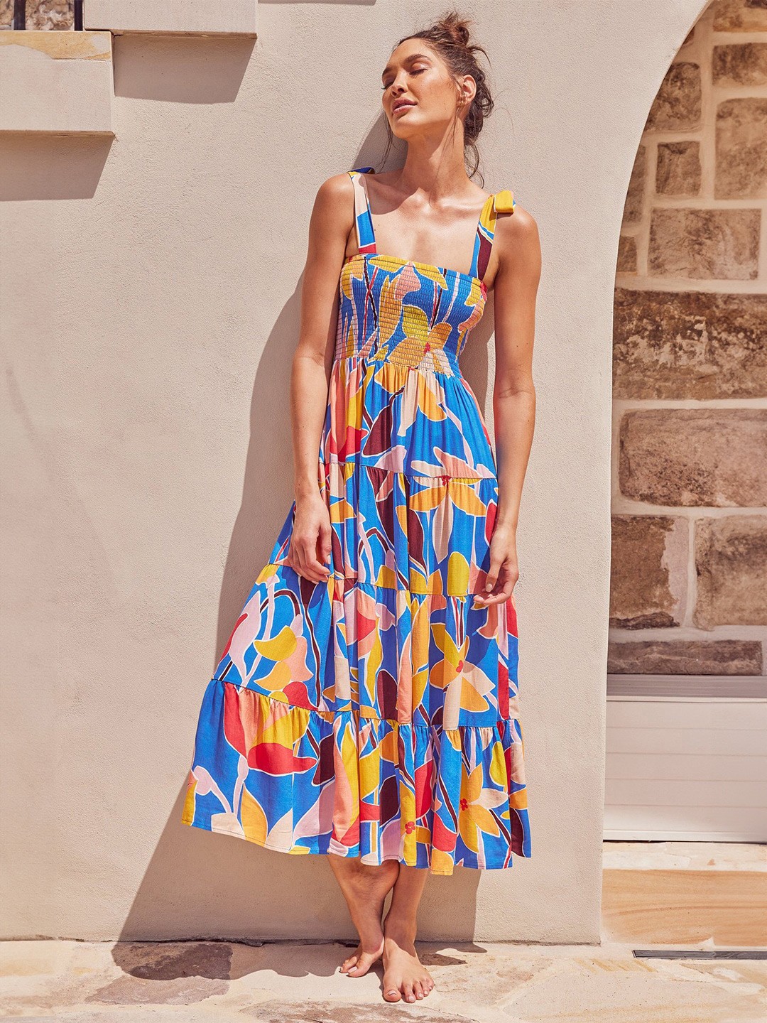 

Stylecast X KPOP Floral Printed Shoulder Strap Tiered s A-Line Midi Dress, Blue