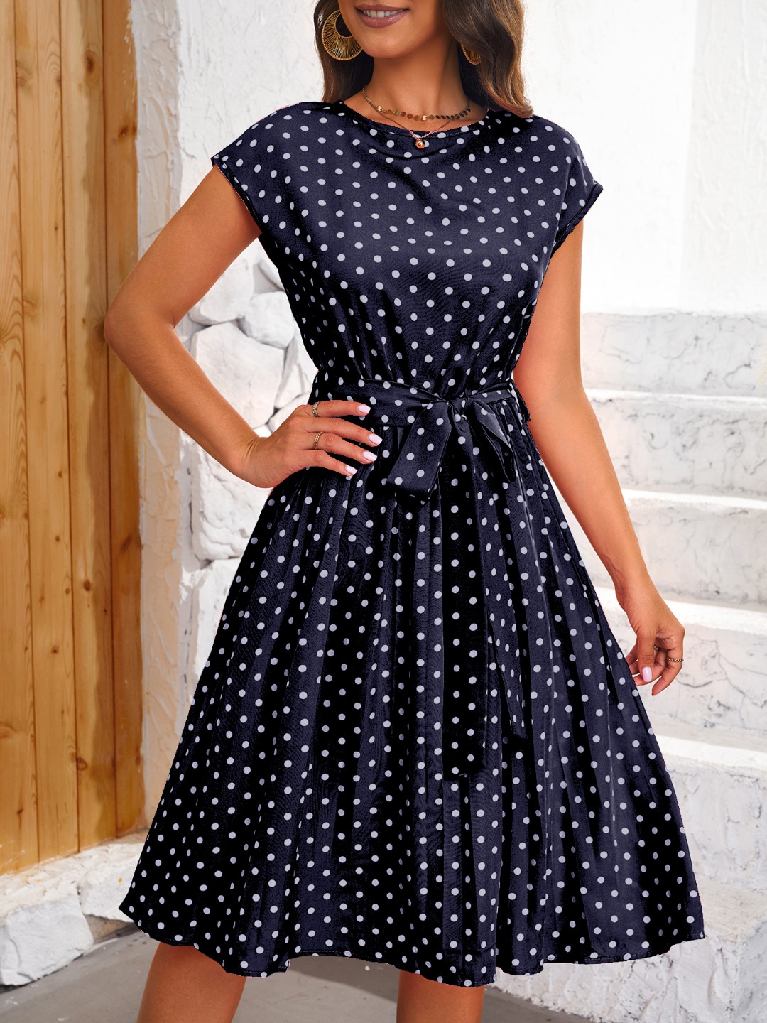 

Stylecast X KPOP Round Neck Extended Sleeves Polka Dot Print Fit & Flare Dress, Navy blue