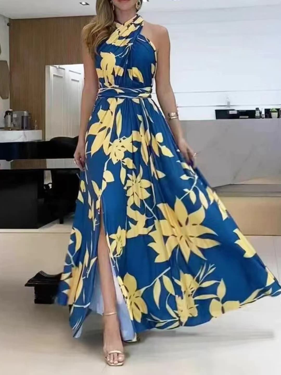 

Stylecast X KPOP Floral Printed Halter Neck Sleeveless Party Maxi Dress, Yellow