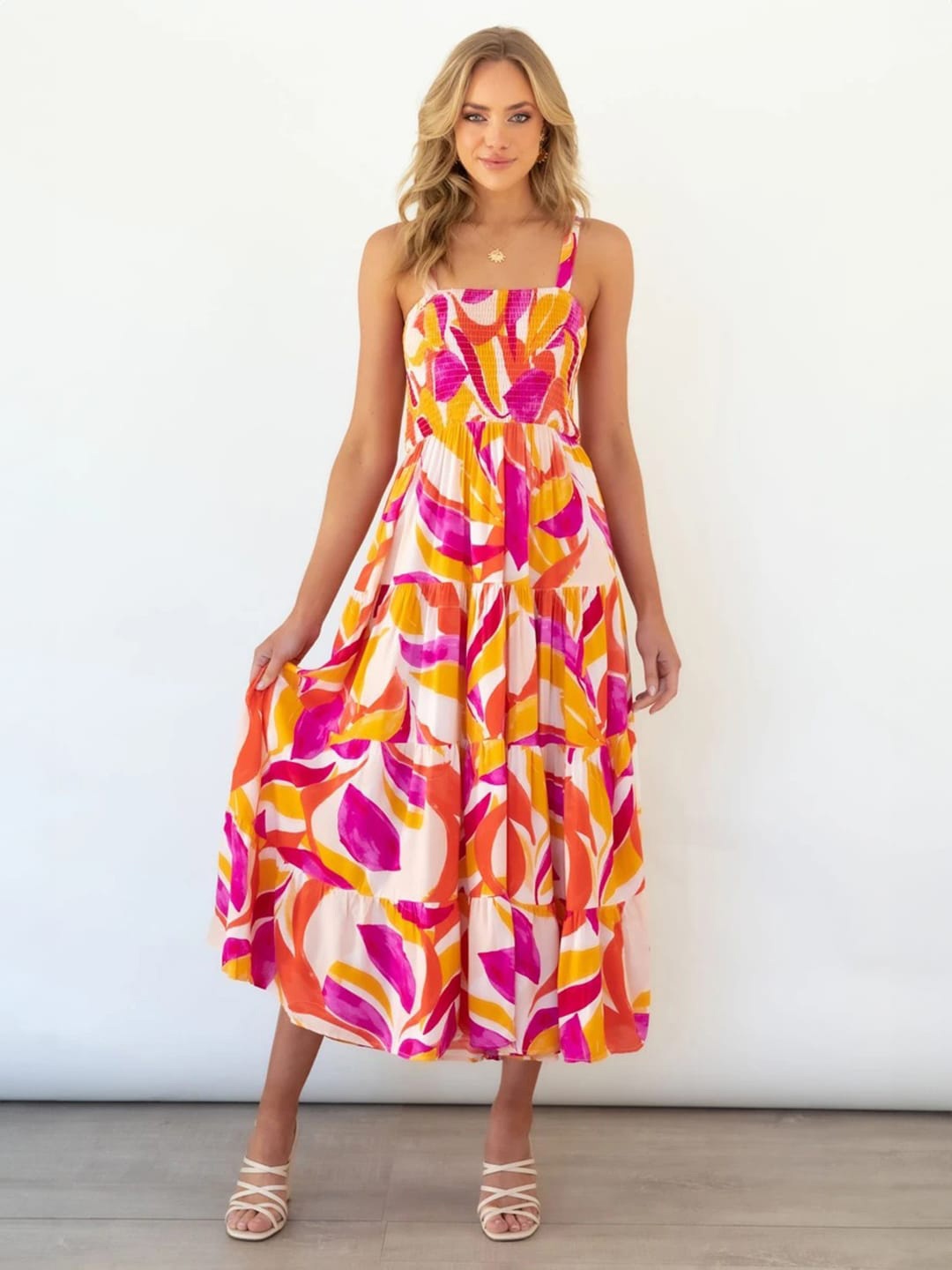 

Stylecast X KPOP Geometric Printed Tiered Fit & Flare Midi Dress, Magenta