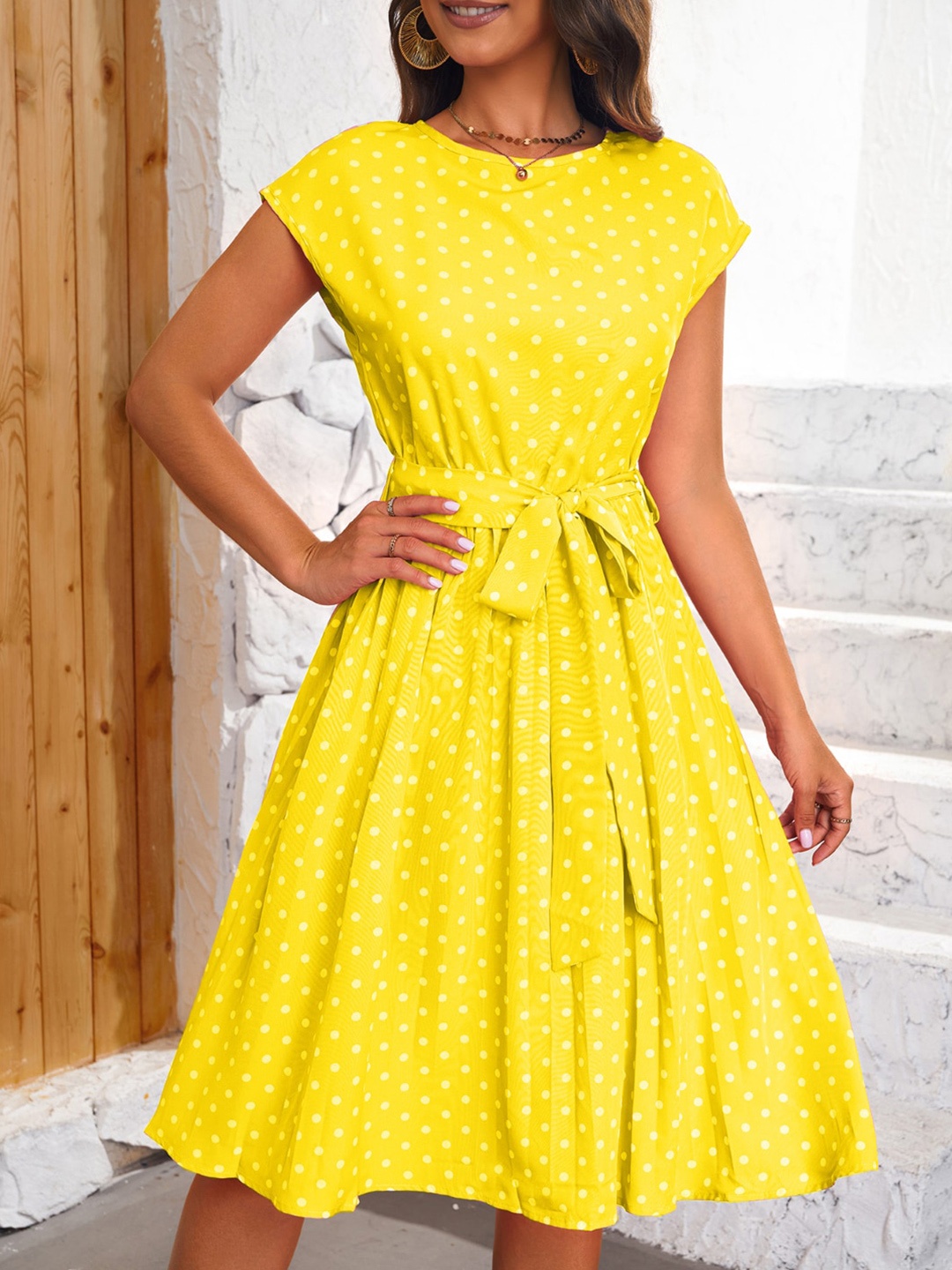 

Stylecast X KPOP Polka Dot Printed Round Neck Cap Sleeves Party A-Line Dress, Yellow