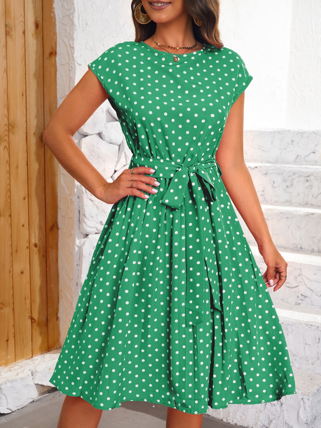 

Stylecast X KPOP Round Neck Short Extended Sleeves Polka Dot Print Fit & Flare Dress, Green