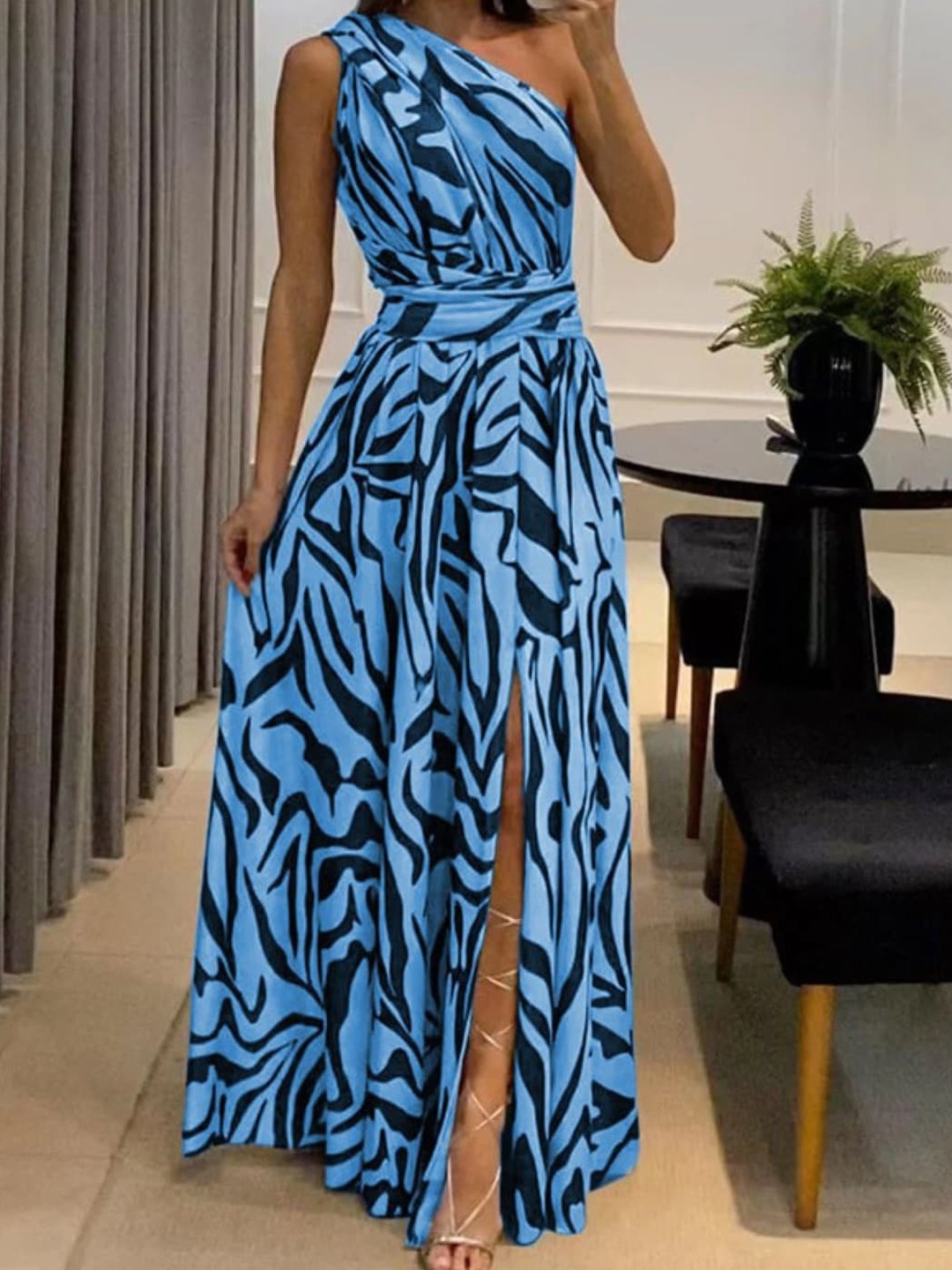 

Stylecast X KPOP One Shoulder Sleeveless Abstract Print Maxi Dress, Blue