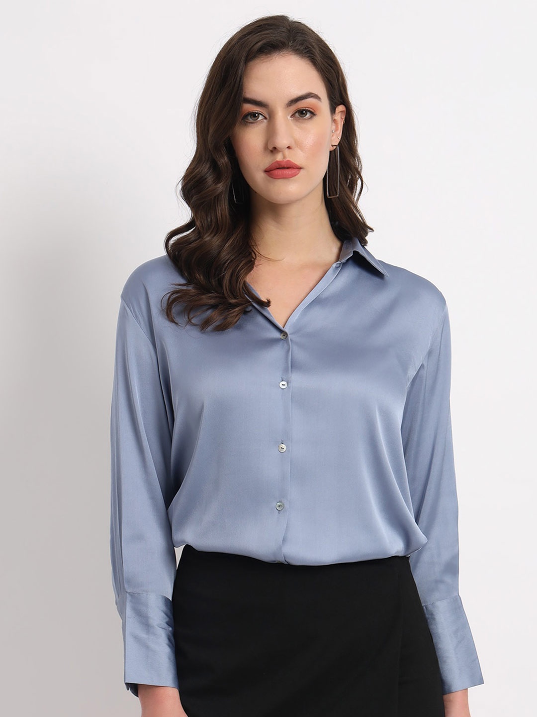 

Zastraa Winter'24 Relaxed Spread Collar Long Sleeves Longline Casual Shirt, Blue