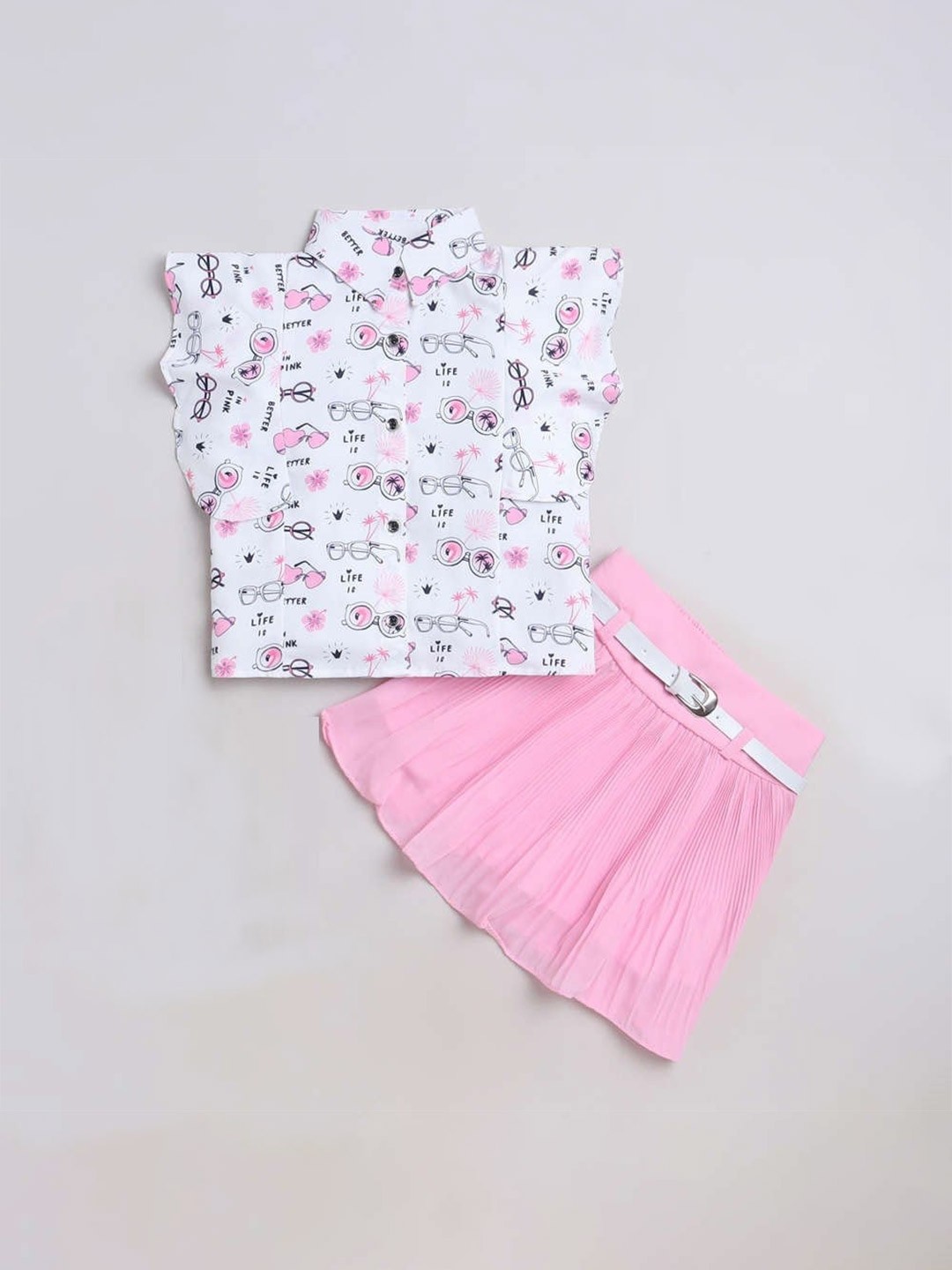 

The Magic Wand Girls Conversational Printed Shirt Collar Top with Skirt, Pink