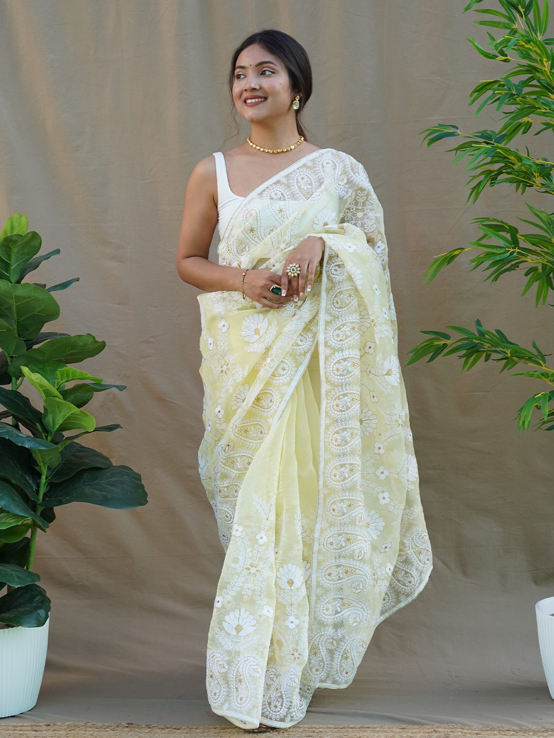 

MBL Floral Embroidered Organza Saree, Yellow