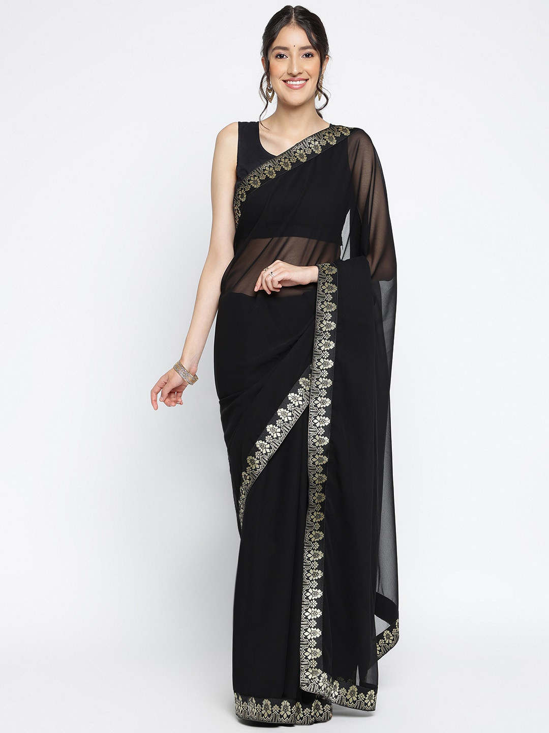 

Vipra Designer Zari Pure Georgette Saree, Black