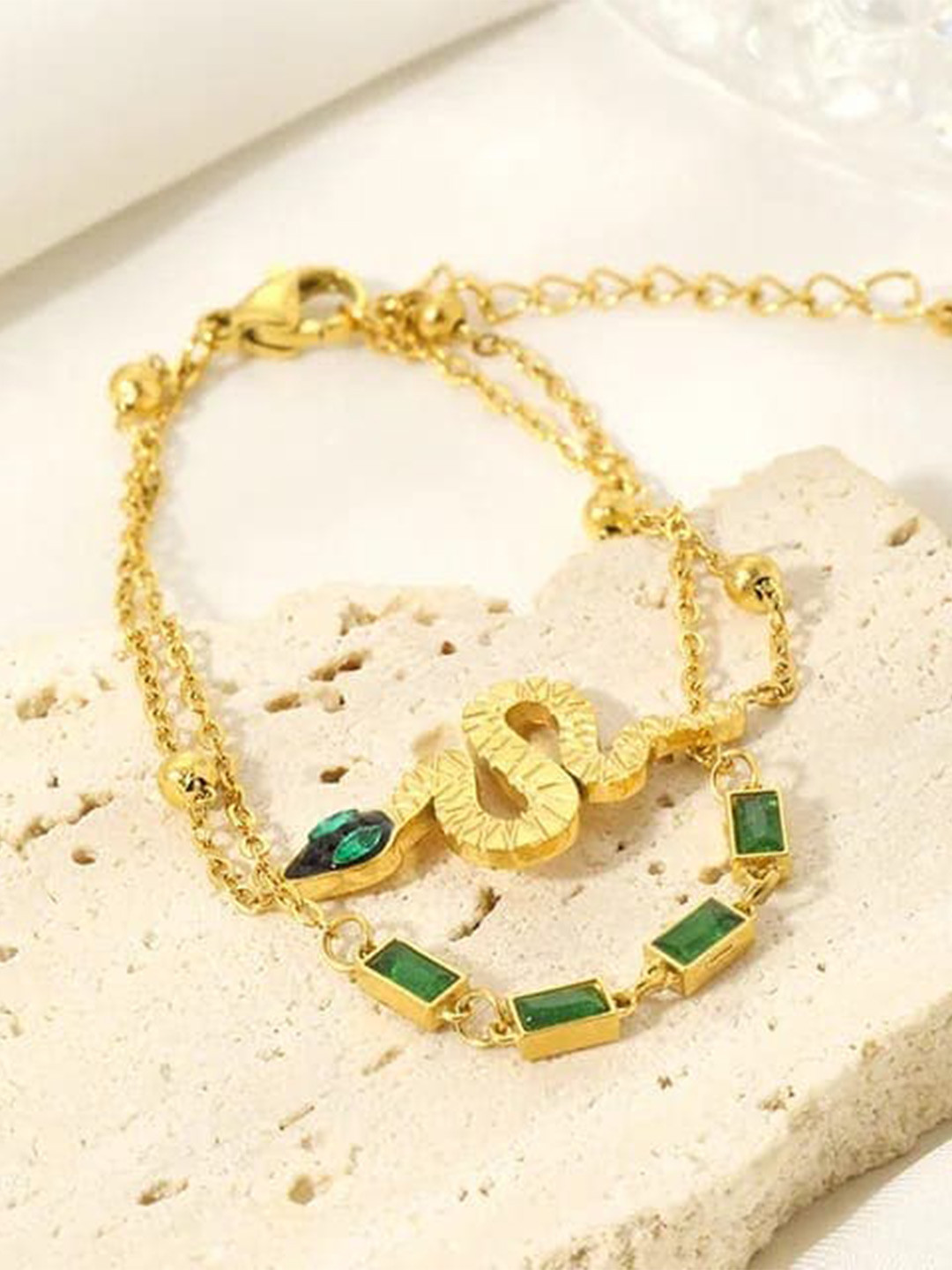 

VIEN Stainless Steel Gold Plated Stone Studded Charm Bracelet