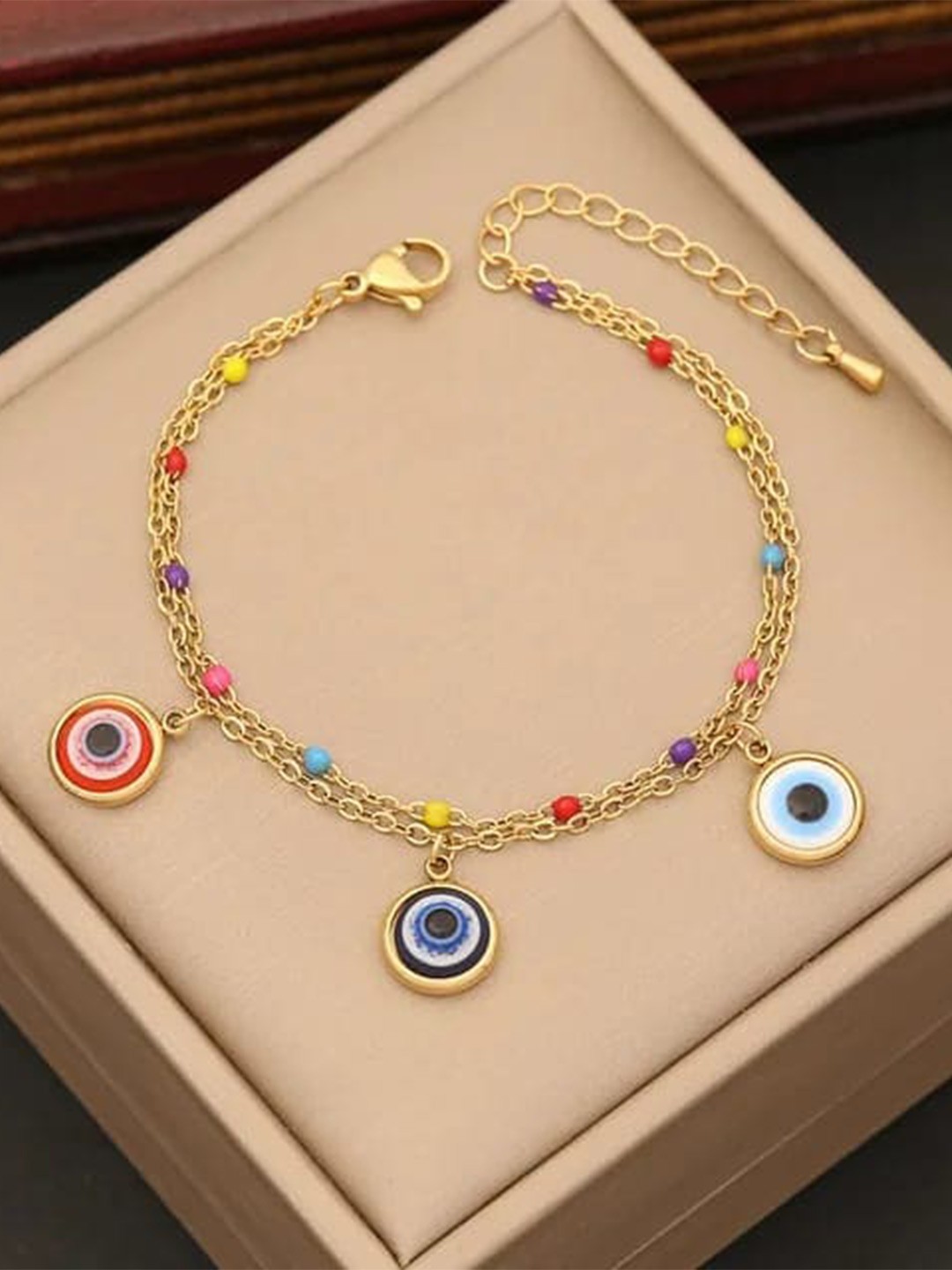 

VIEN Stainless Steel Gold-Plated Evil Eye & Beaded Link Bracelet