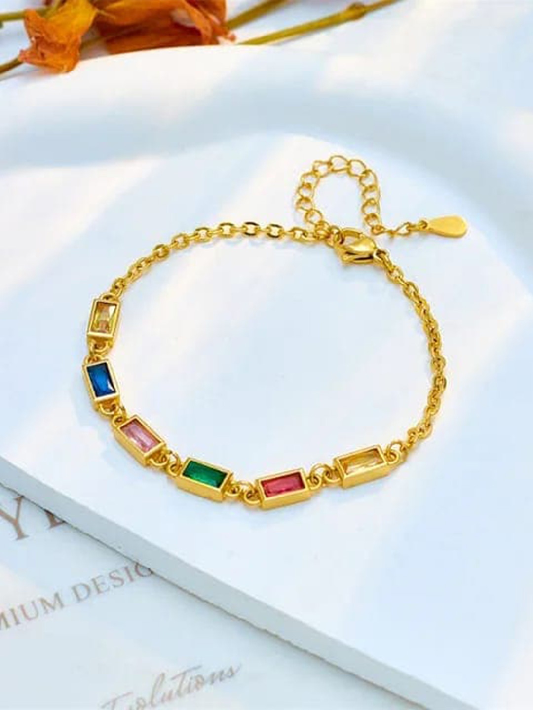 

VIEN Stainless Steel Enamelled Gold-Plated Stone Studded Link Bracelet