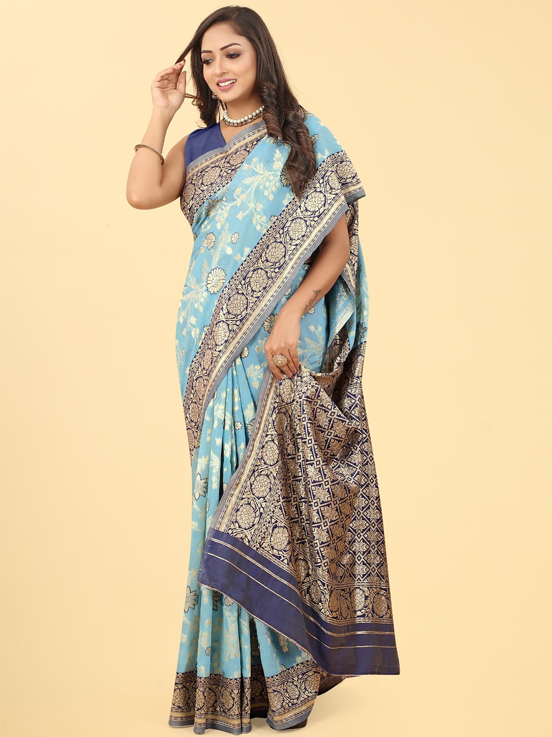 

Aldwych Woven Design Floral Zari Banarasi Saree, Turquoise blue