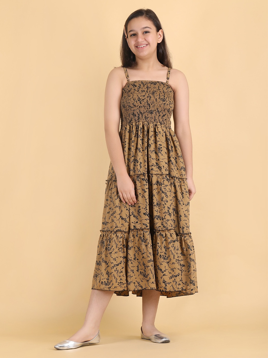 

DEKLOOK Girls Floral Printed Fit and Flare Midi Dress, Brown