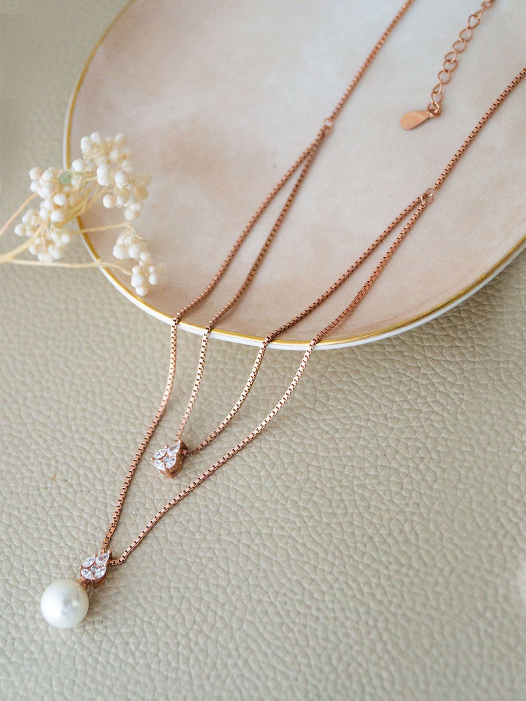 

MANNASH Rose Gold Plated Pearl Beaded Layered Chain Necklace