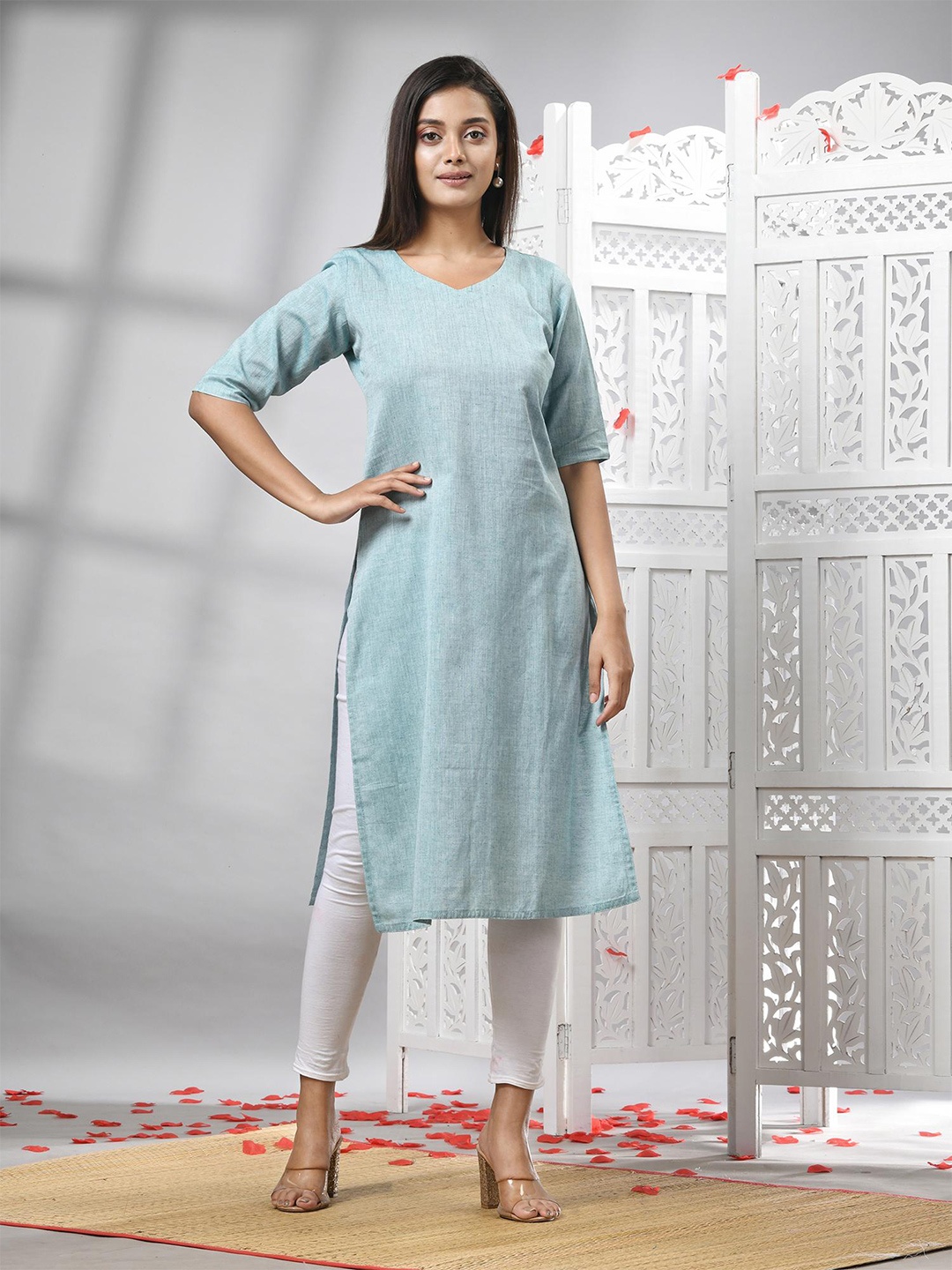 

Angoshobha V-Neck Straight Cotton Kurta, Blue