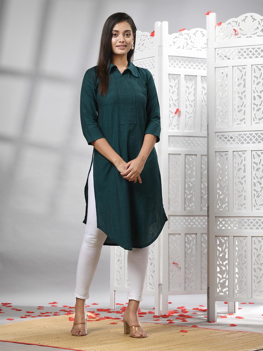 

Angoshobha Pure Cotton Shirt Collar A-Line Kurta, Green