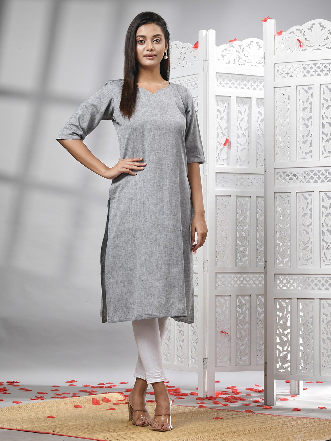 

Angoshobha Straight Knee-Length Pure Cotton Kurta, Grey