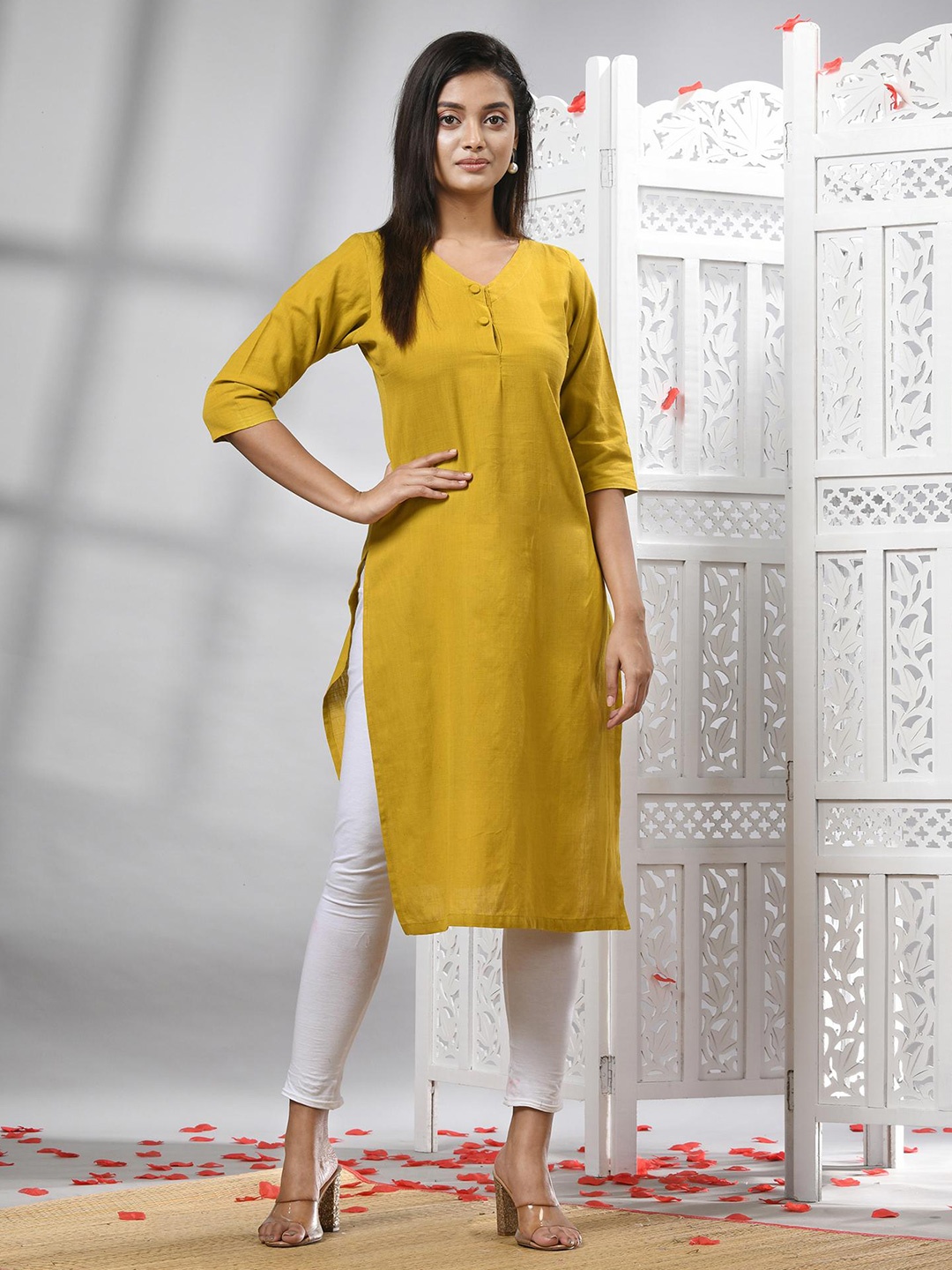 

Angoshobha V-Neck Straight Cotton Kurta, Mustard