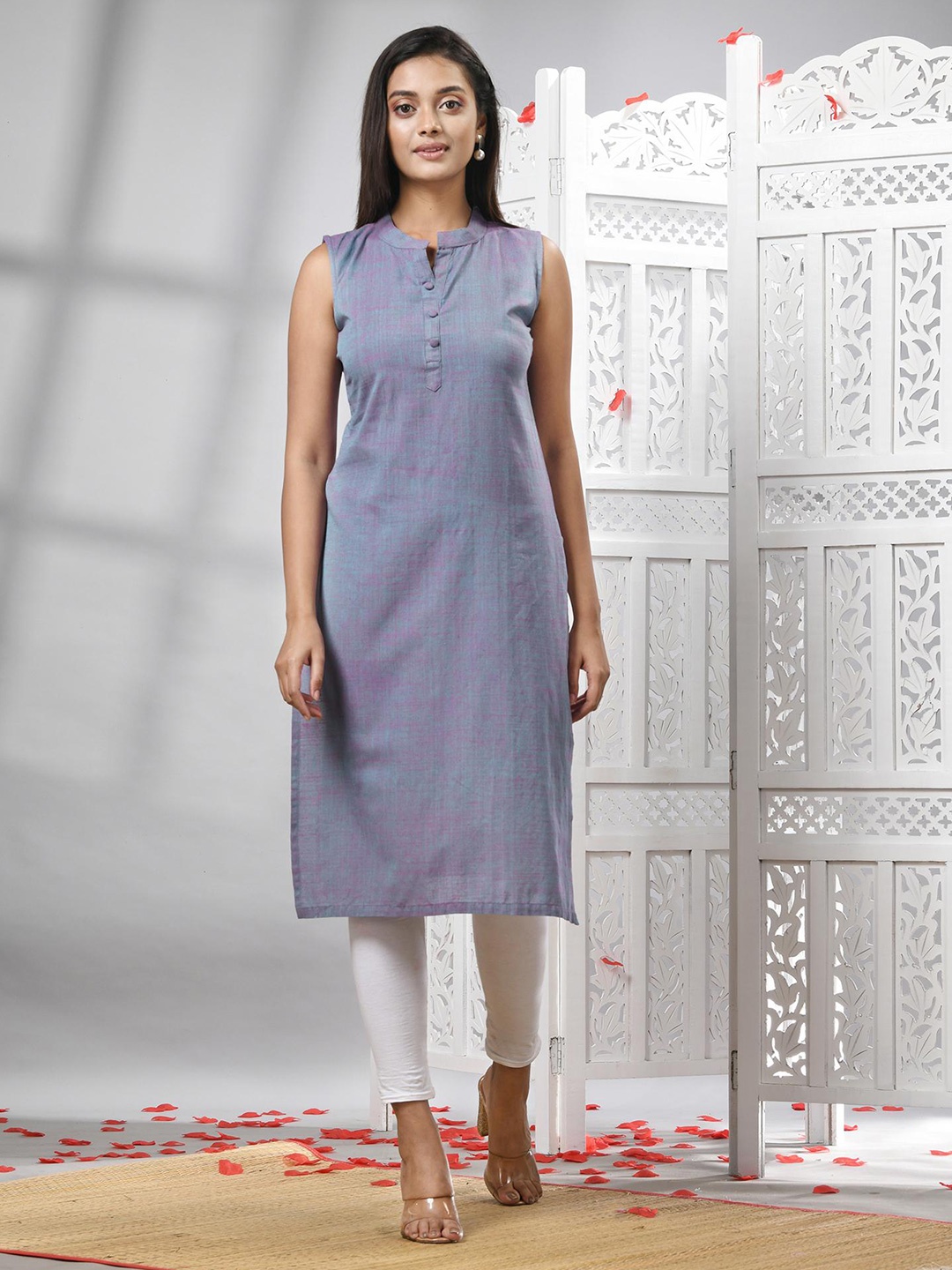 

Angoshobha Mandarin Collar Pure Cotton Straight Kurta, Grey