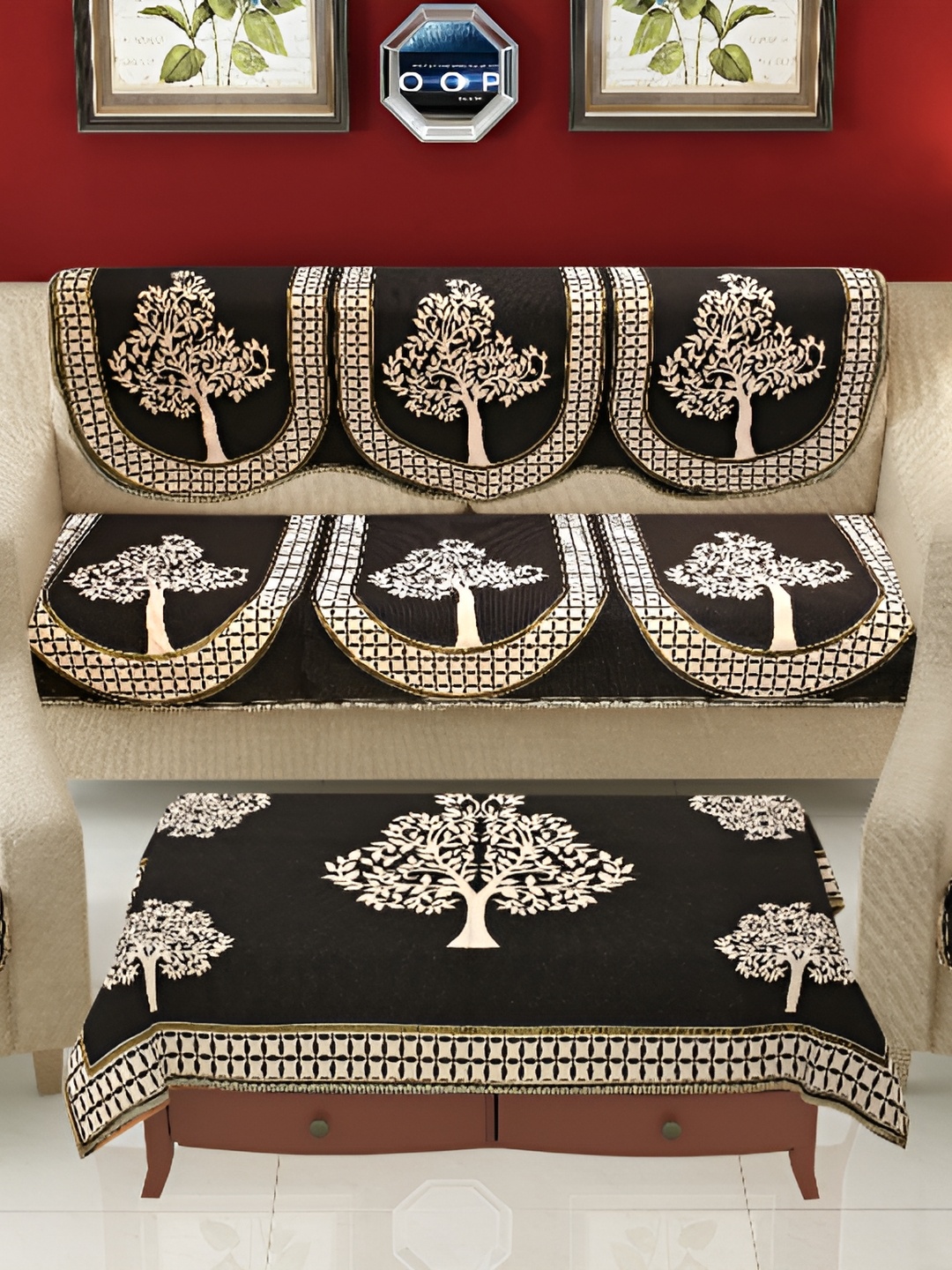 

hargunz Brown 7 Pieces Printed 5-Seater Sofa Covers With Table Cover