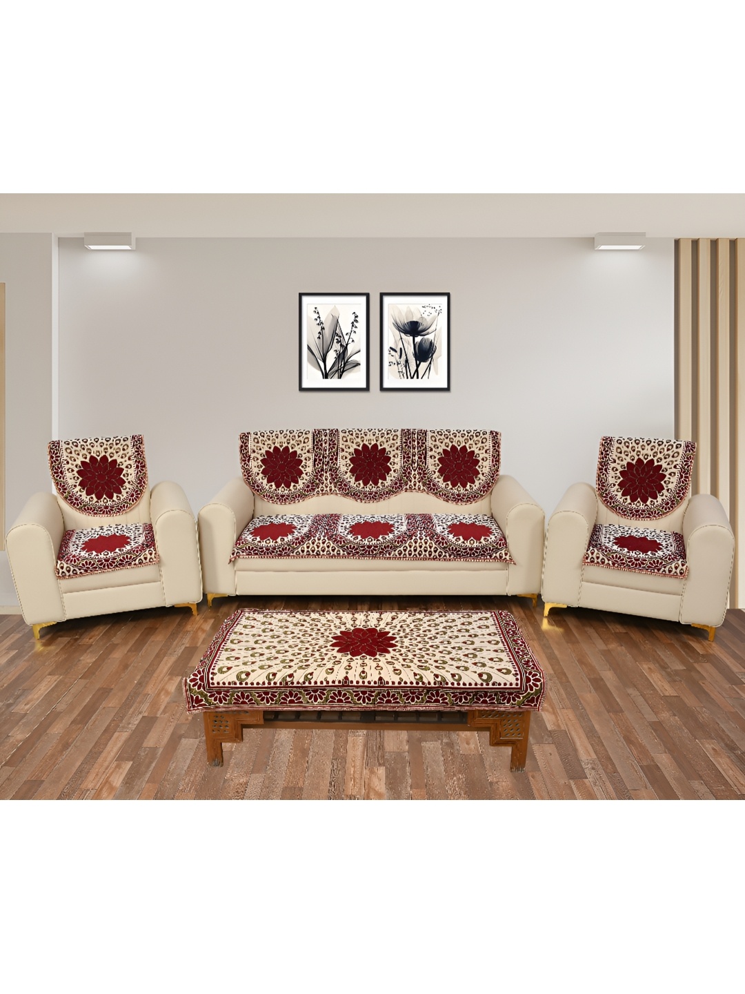 

hargunz Maroon & White 7 Pieces Jacquard Sofa Cover