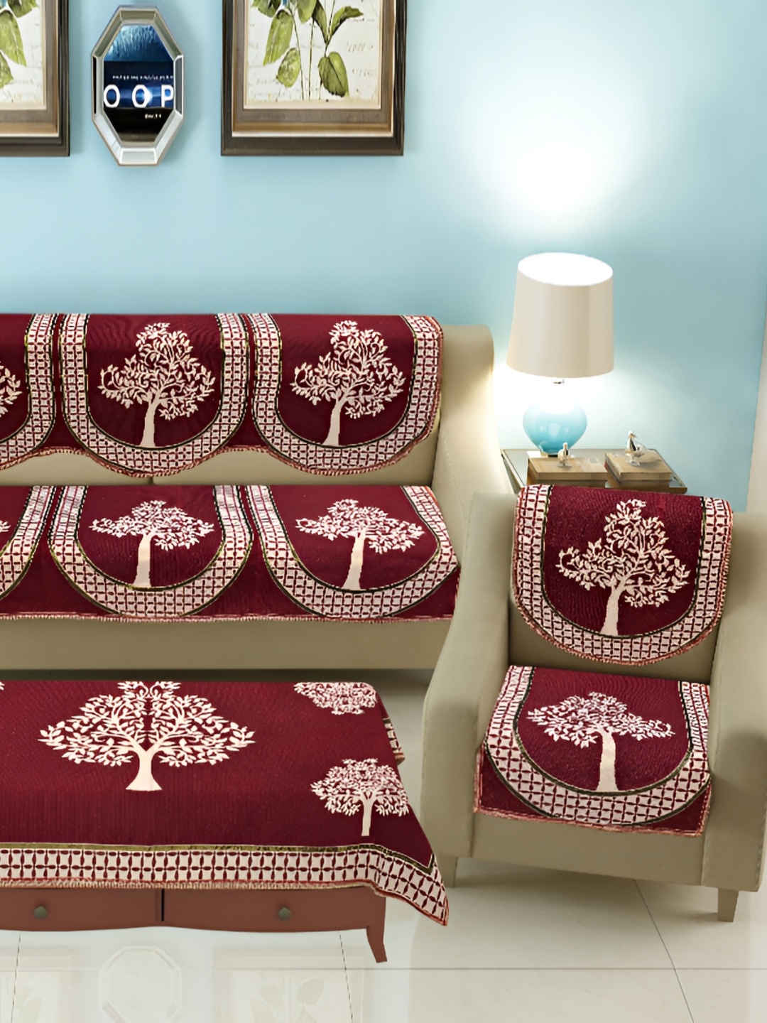 

hargunz Maroon & White 7 Pieces Jacquard Sofa Cover