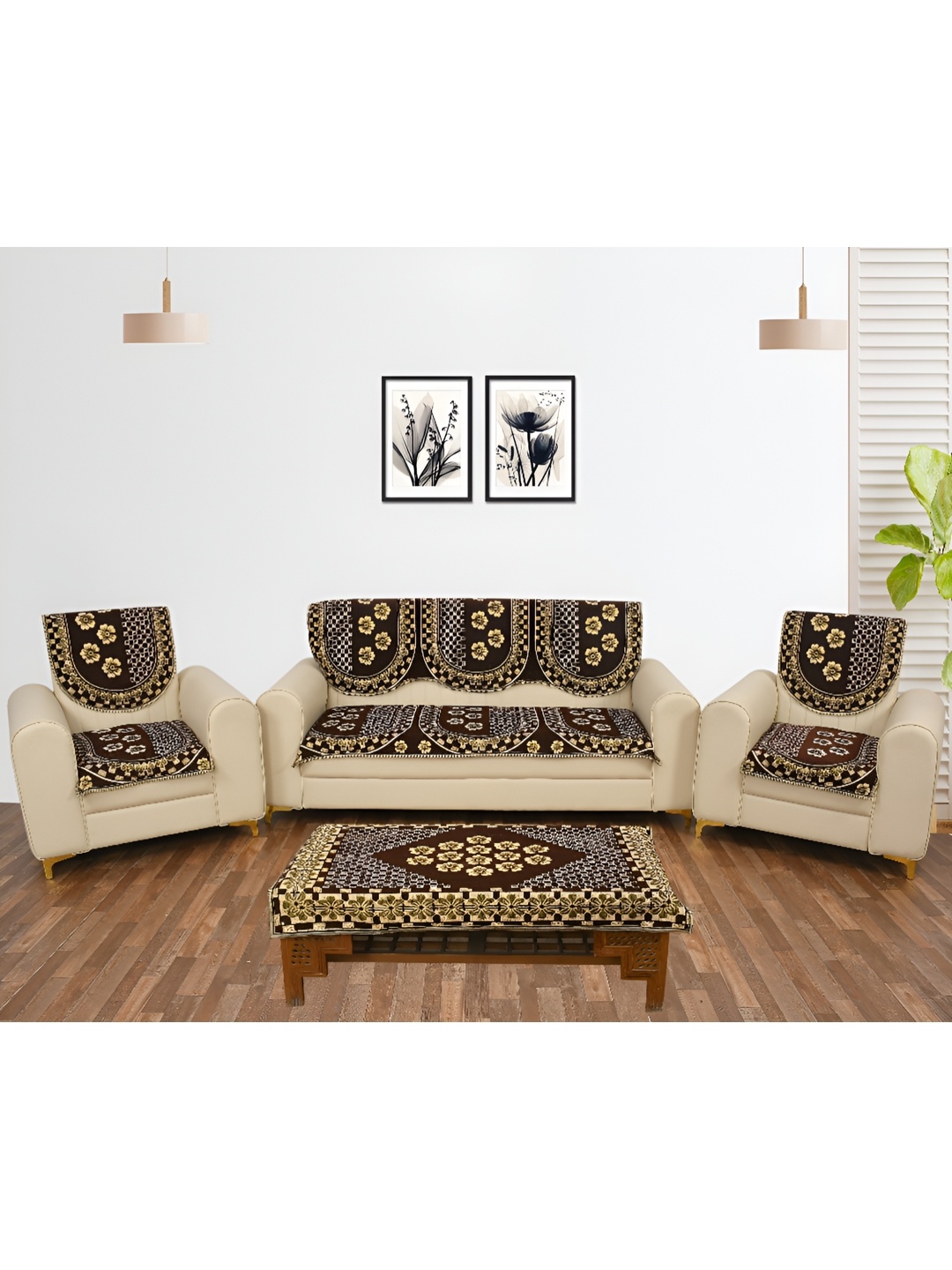 

hargunz Brown & White 7 Pieces Jacquard Sofa Cover