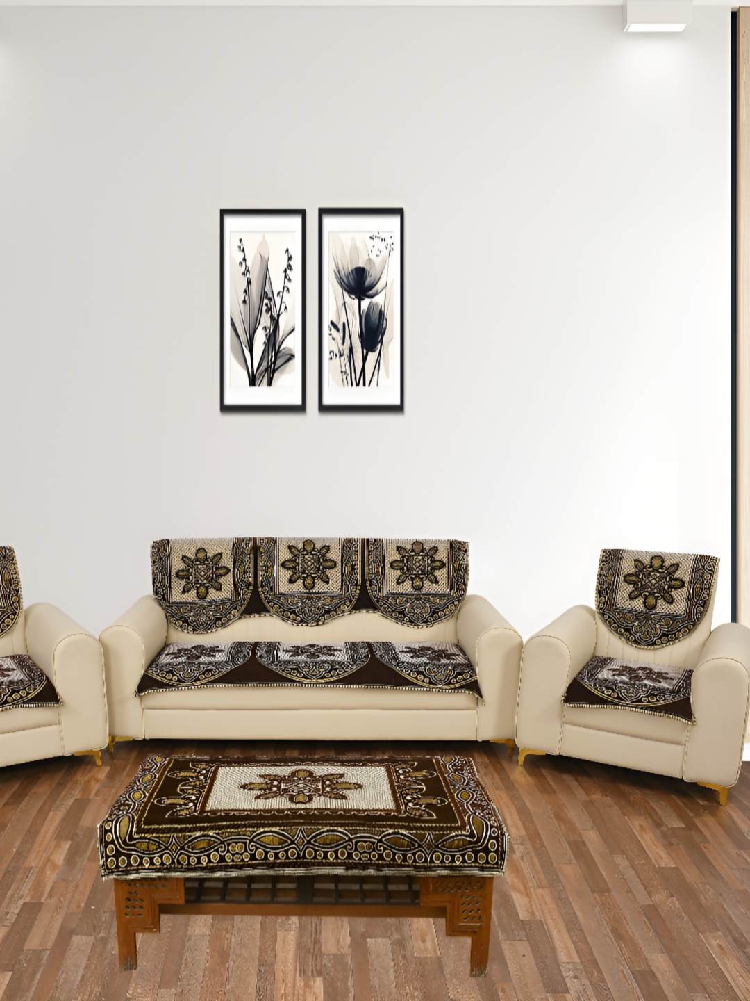 

hargunz Brown & White 7 Pieces Jacquard Sofa Cover