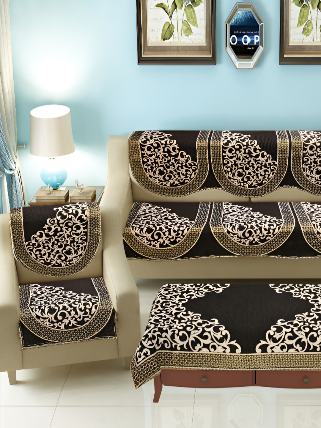 

hargunz Brown & White 7 Pieces Jacquard Sofa Cover