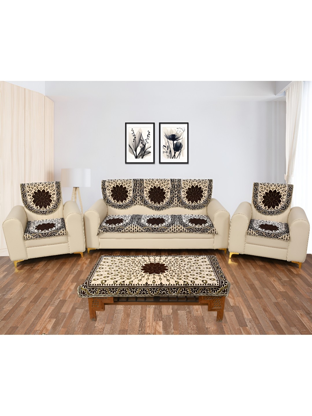 

hargunz Brown & White 7 Pieces Jacquard Sofa Cover