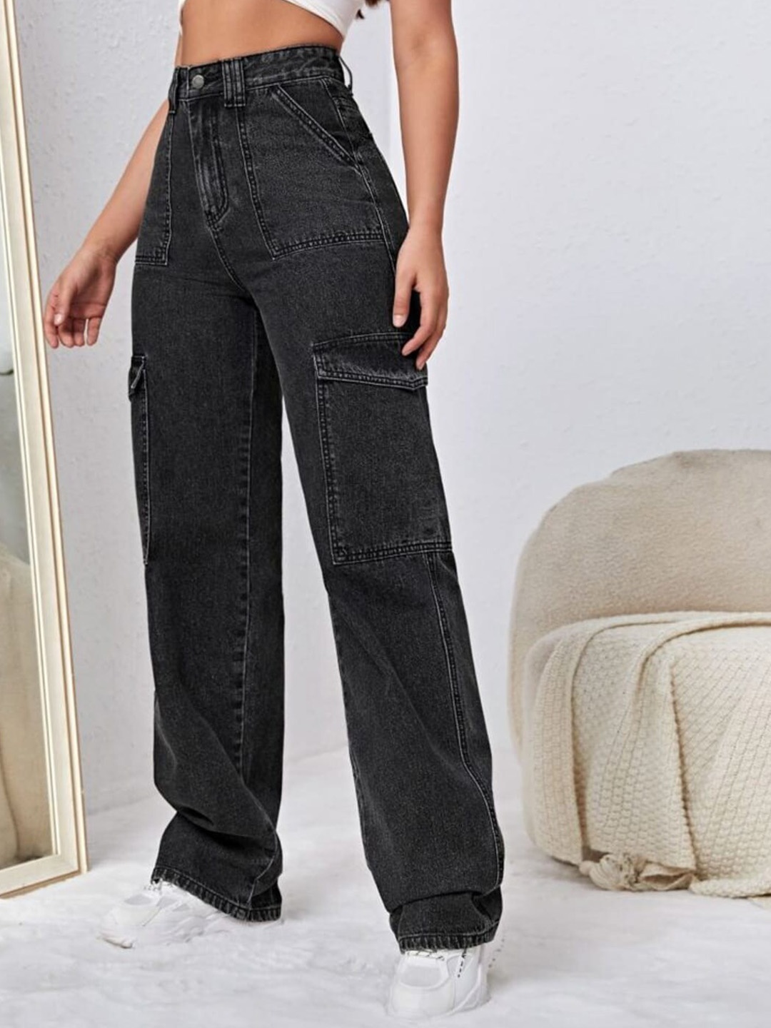 

Next One Women Smart Straight Fit High Rise Clean Look Cotton Jeans, Black