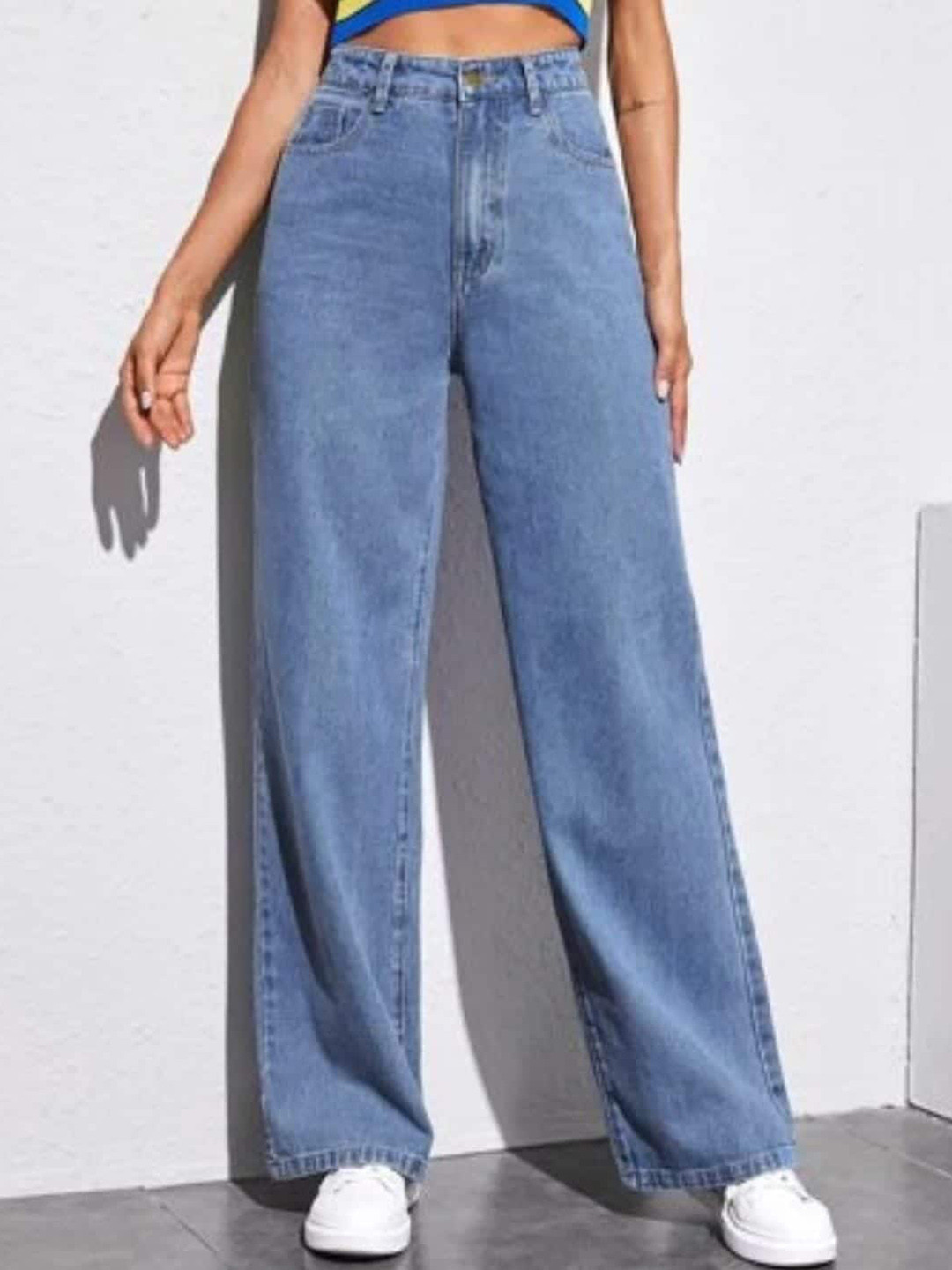 

Next One Women Smart Wide Leg High Rise Light Fade Clean Look Cotton Jeans, Blue