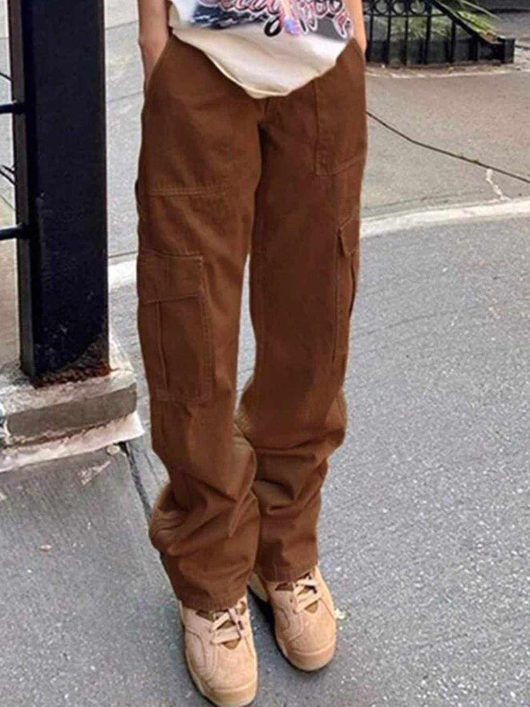 

Next One Women Smart Straight Fit High-Rise Cargo Jeans, Camel brown