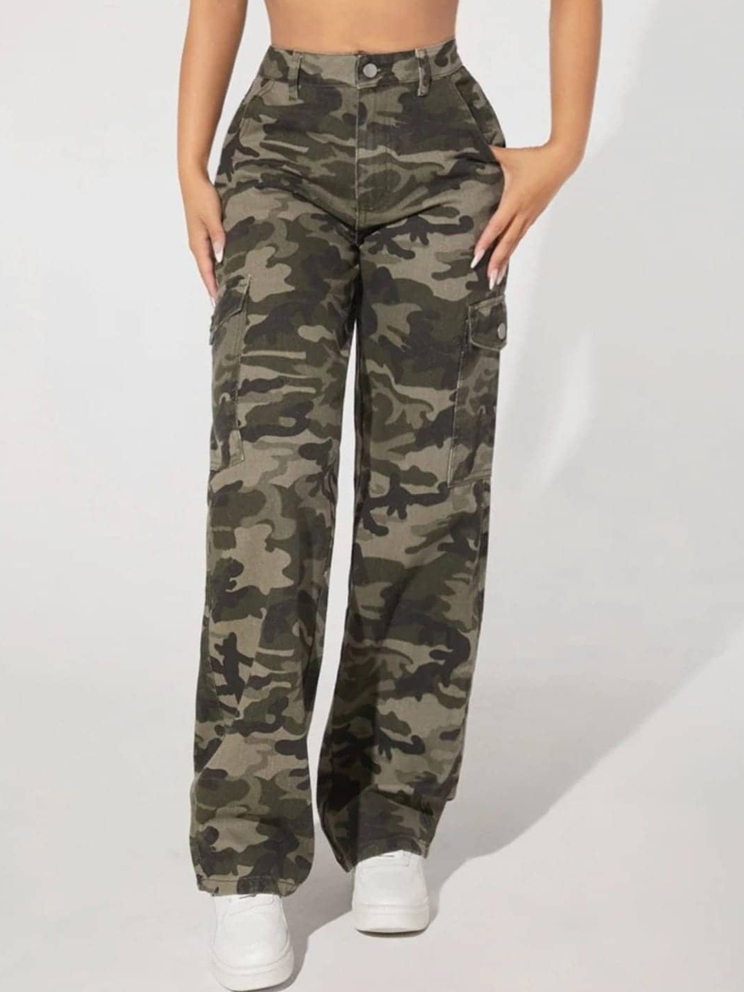 

Next One Women Smart Camouflage Printed Cotton Cargos Trouser, Green