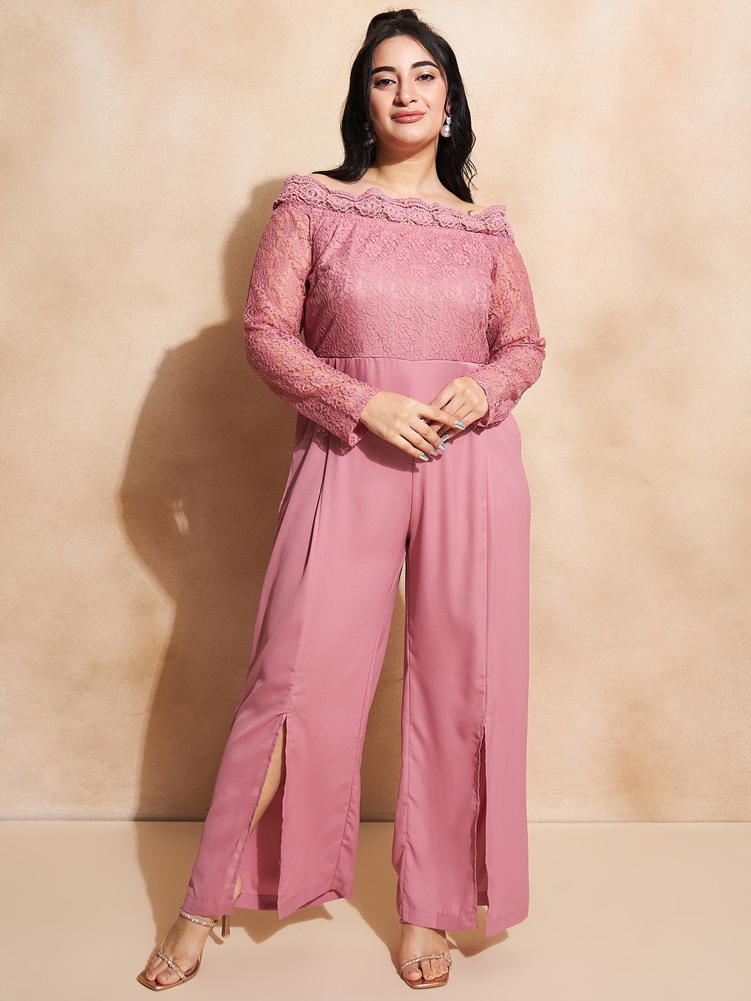 

CURVE BY KASSUALLY Off-Shoulder Lace Inserts Basic Jumpsuit, Pink