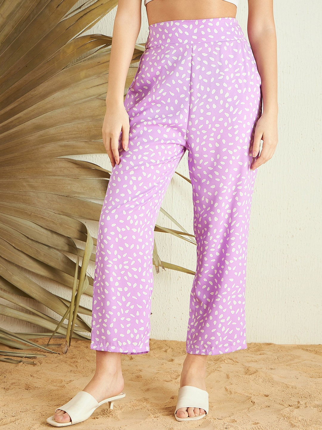 

Berrylush Women Polka Dots Printed High-Rise Plain Trousers, Purple