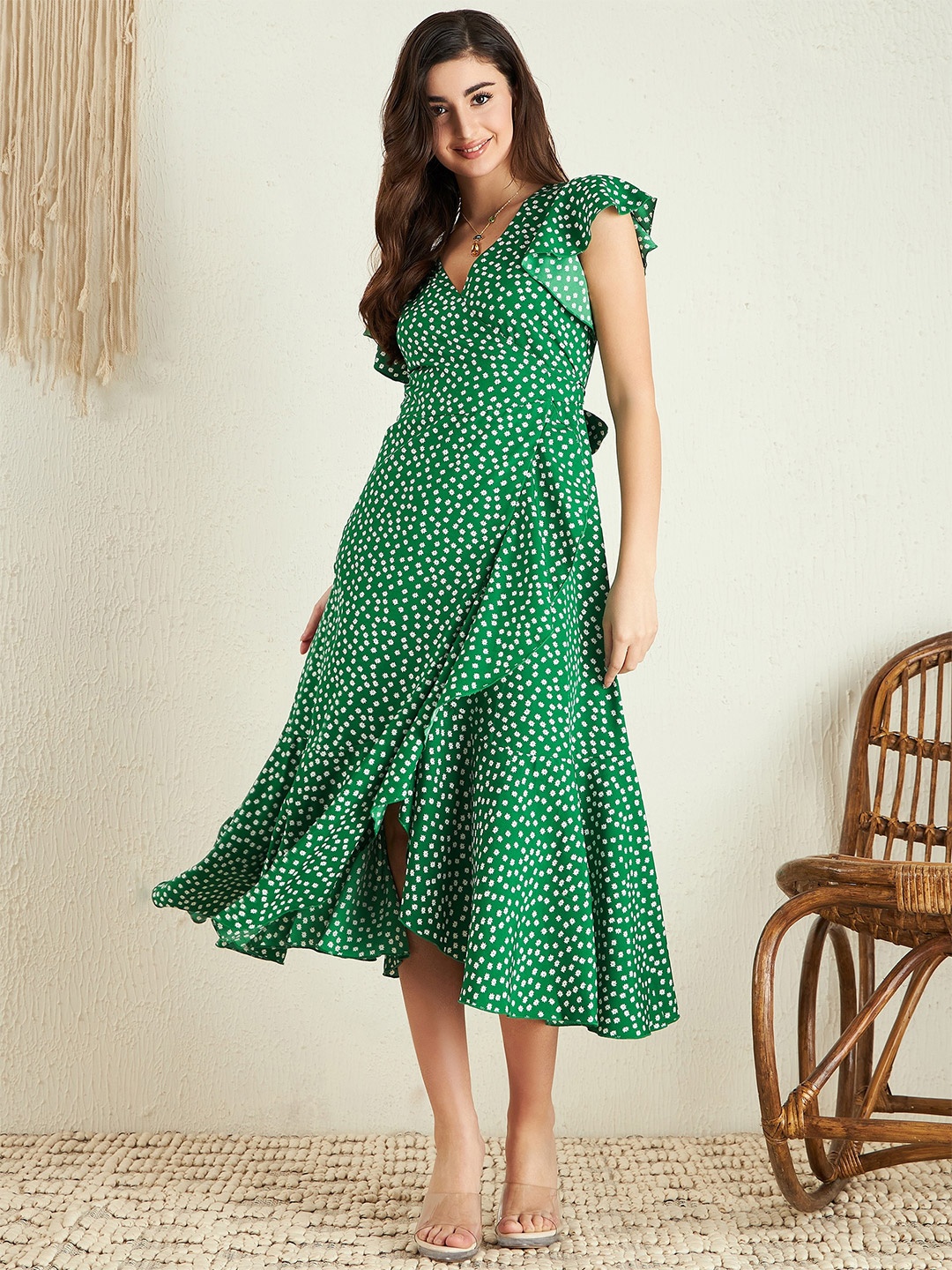 

Berrylush Floral Printed Fit & Flare Midi Dress, Green