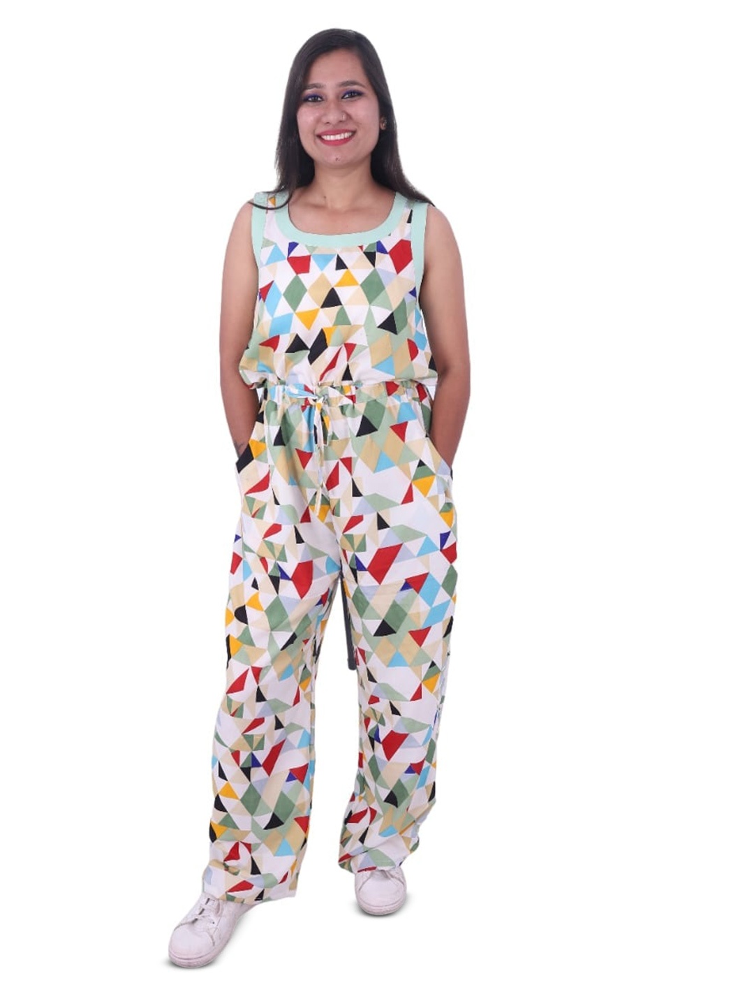 

WEAVERS SAGA Printed Waist Tie-Ups Basic Jumpsuit, White