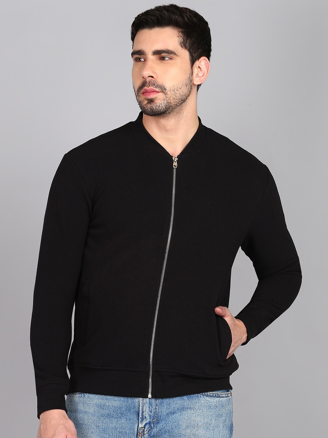 

Alan Jones Stand Collar Long Sleeves Corduroy Bomber Jacket, Black