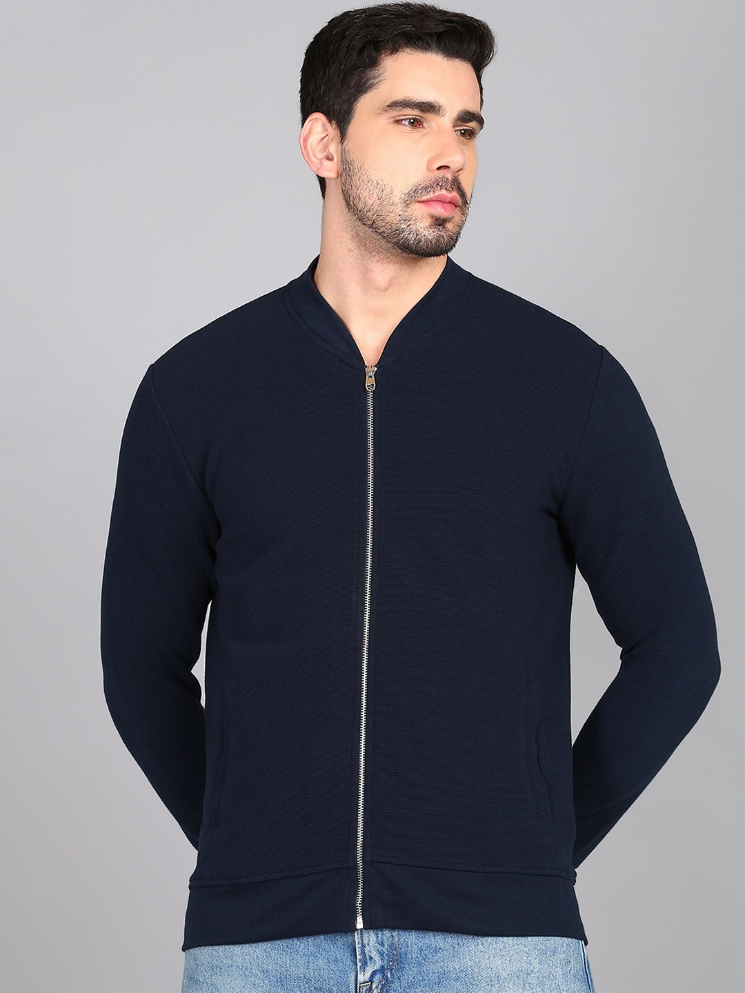 

Alan Jones Stand Collar Long Sleeves Corduroy Bomber Jacket, Navy blue