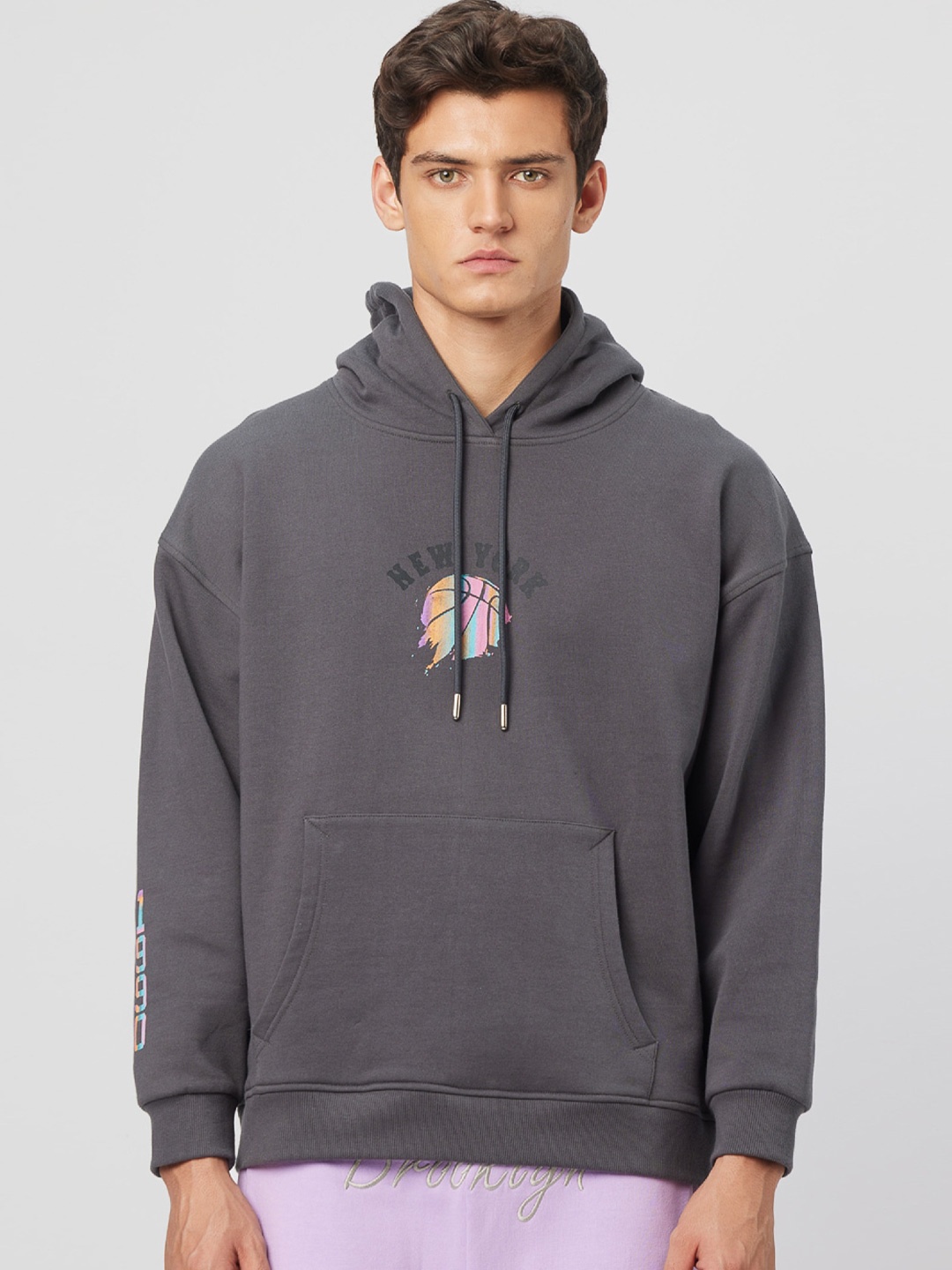 

Koovs Graphic Printed Cotton Hooded Pullover Sweatshirt, Black