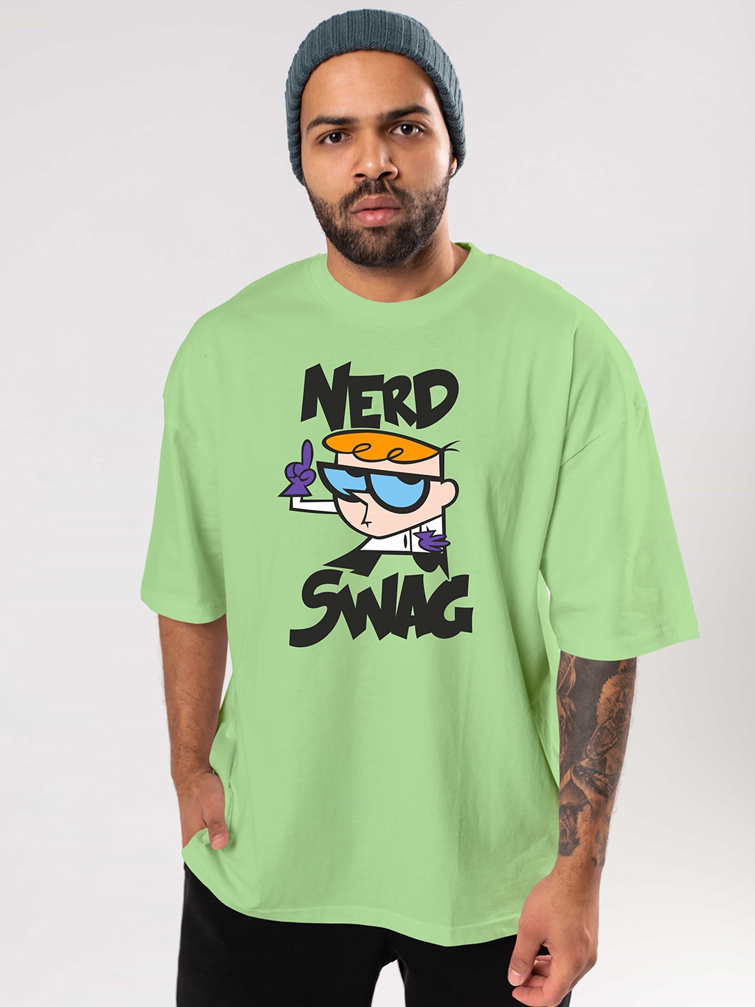 

BAESD Typography Printed Cotton Drop-Shoulder Sleeves Oversized Plus Size T-shirt, Green