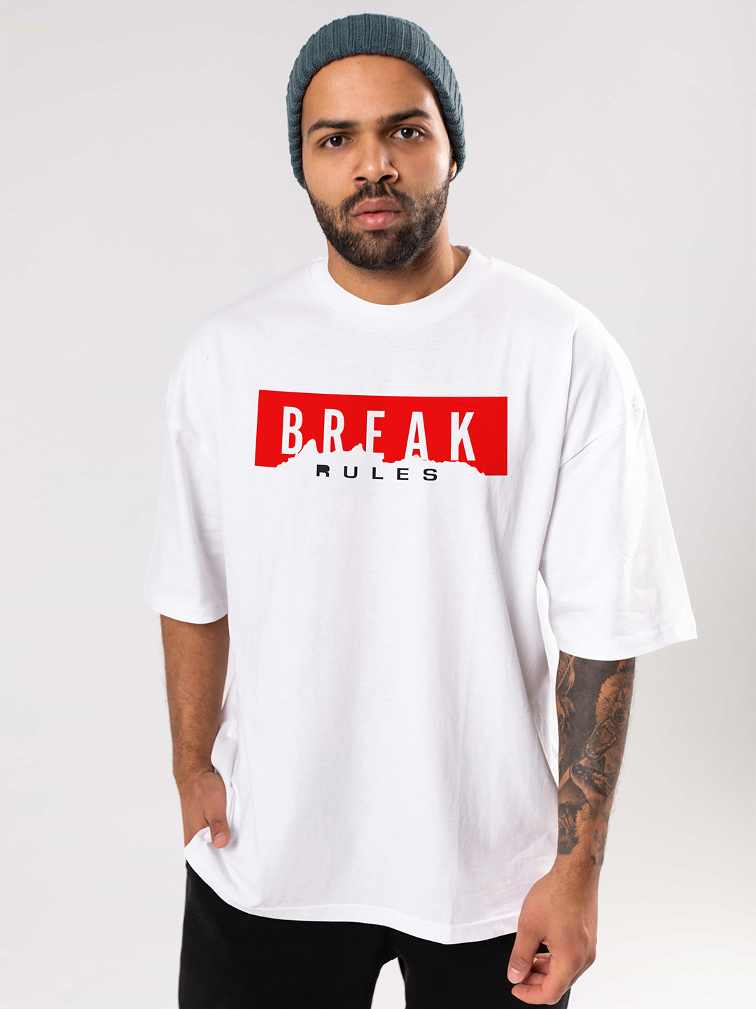 

BAESD Typography Printed Cotton Drop-Shoulder Sleeves Oversized Plus Size T-shirt, White