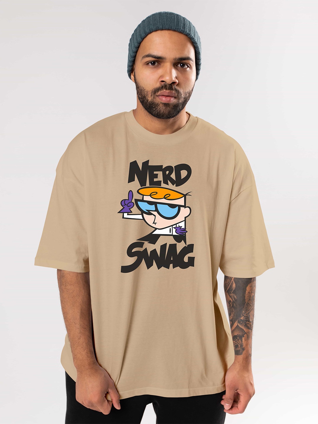 

BAESD Graphic Printed Drop-Shoulder Sleeves Cotton Oversized Casual T-shirt, Beige