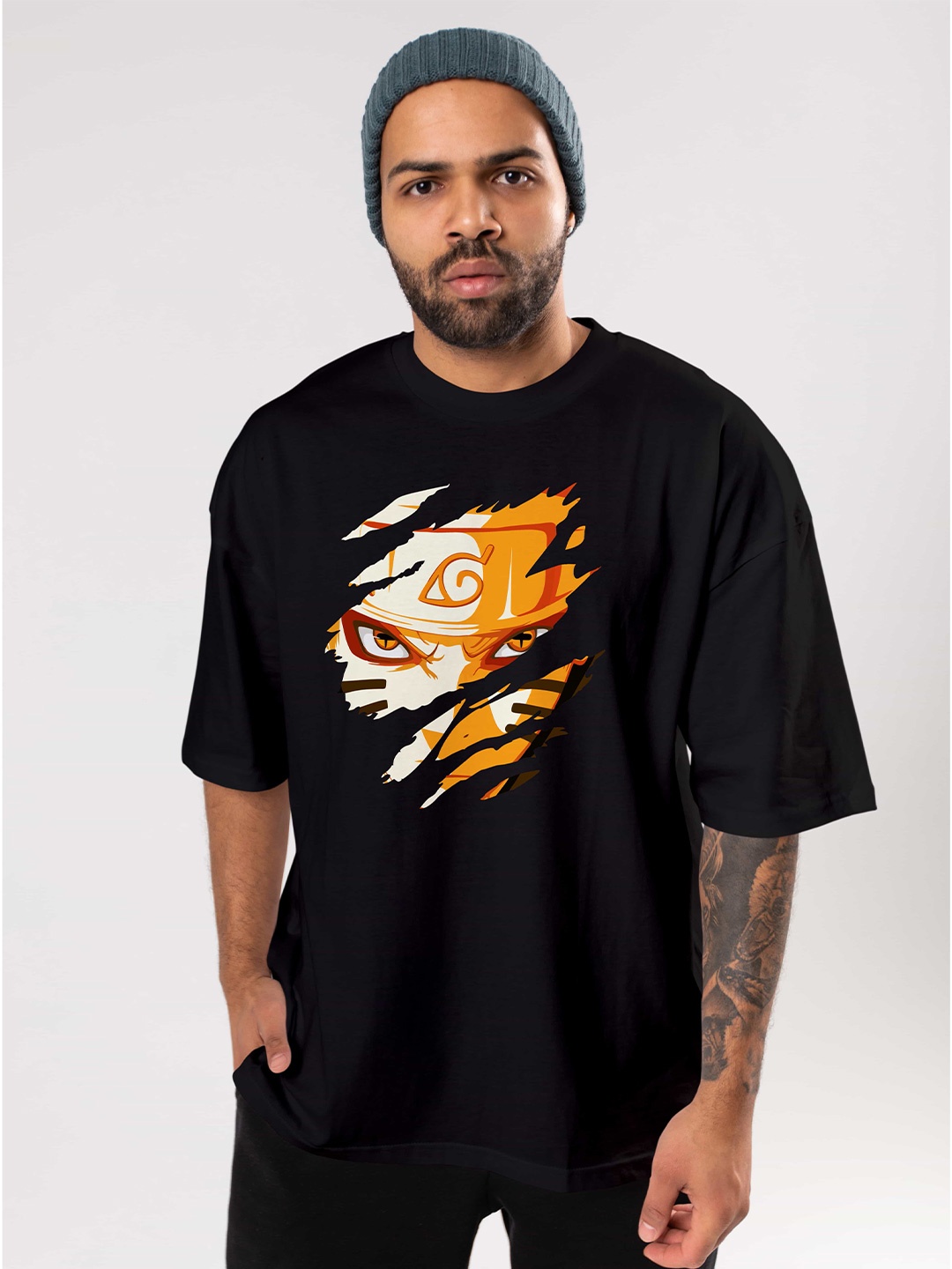 

BAESD Graphic Printed Drop-Shoulder Sleeves Oversized Cotton Casual T-shirt, Black