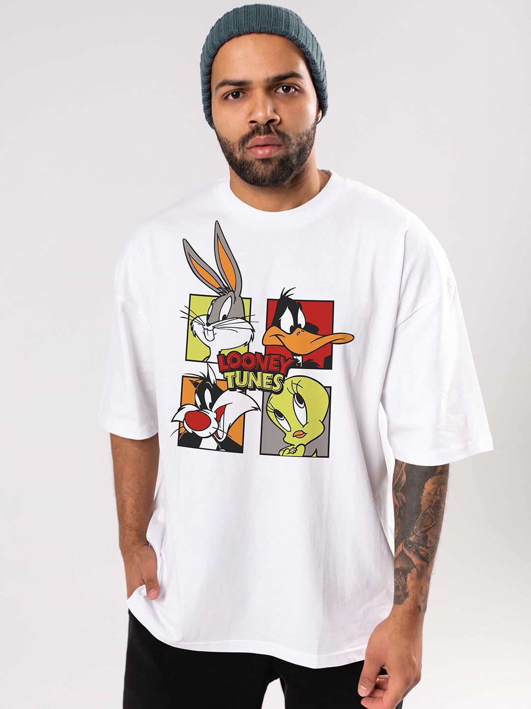 

BAESD Graphic Printed Drop-Shoulder Sleeves Oversized Cotton Casual T-shirt, White